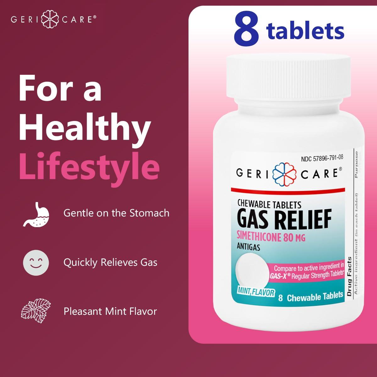GeriCare GeriCare Chewable Gas Relief Simethicone 80mg, Fast-Acting Relief from Digestive Gas Buildup, Bloating and Abdominal Discomfort, 8 Count (Pack of 1)