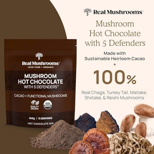 Real Mushrooms Real Mushrooms Organic Hot Chocolate Mix with 5 Defenders Turkey Tail, Chaga, Maitake, Shiitake, Reishi Mushroom - Cacao Powder Vegan Supplement, Gluten-Free, 15 Servings