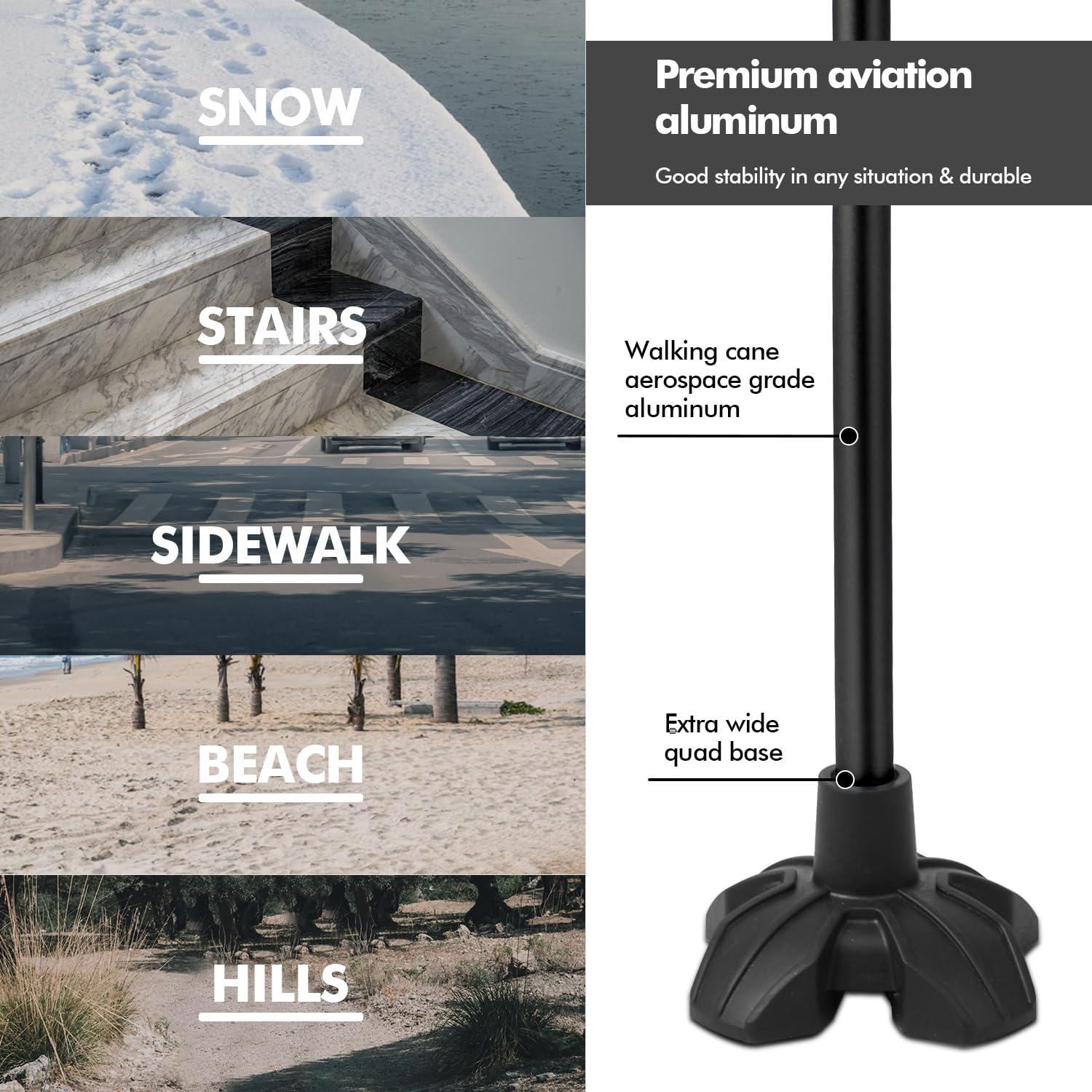 KINGGEAR KINGGEAR F1 Walking Stick, Walking Cane for Women & Men with Wrist Strap, Lightweight & Sturdy Offset EVA Handle, Large Quad Base, Self Standing for Seniors and People with Injuries & Recovery