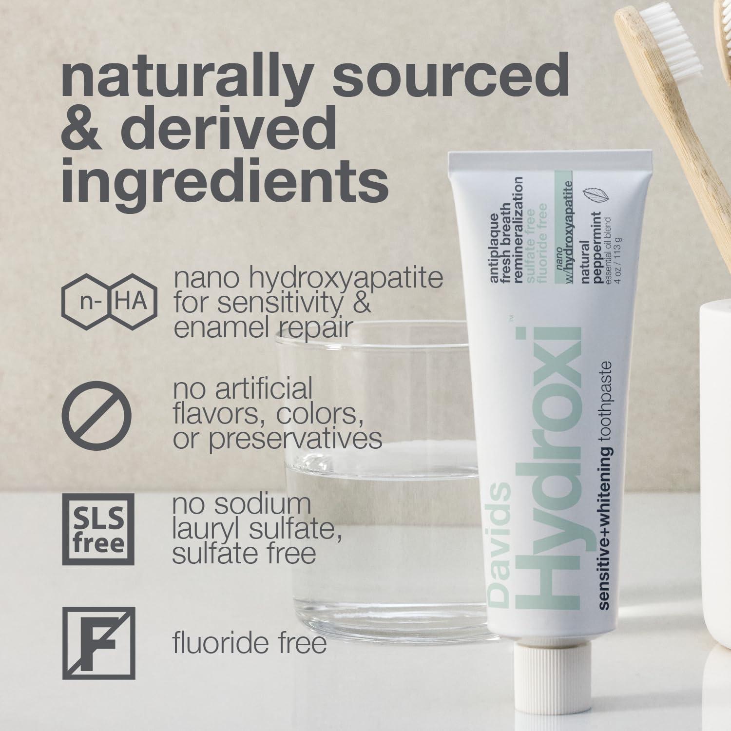 Davids Davids Hydroxi Fluoride Free Nano Hydroxyapatite Toothpaste for Remineralizing Enamel & Sensitive Relief, Whitening, Antiplaque, SLS Free, Natural Peppermint, 5.25oz, Made in USA