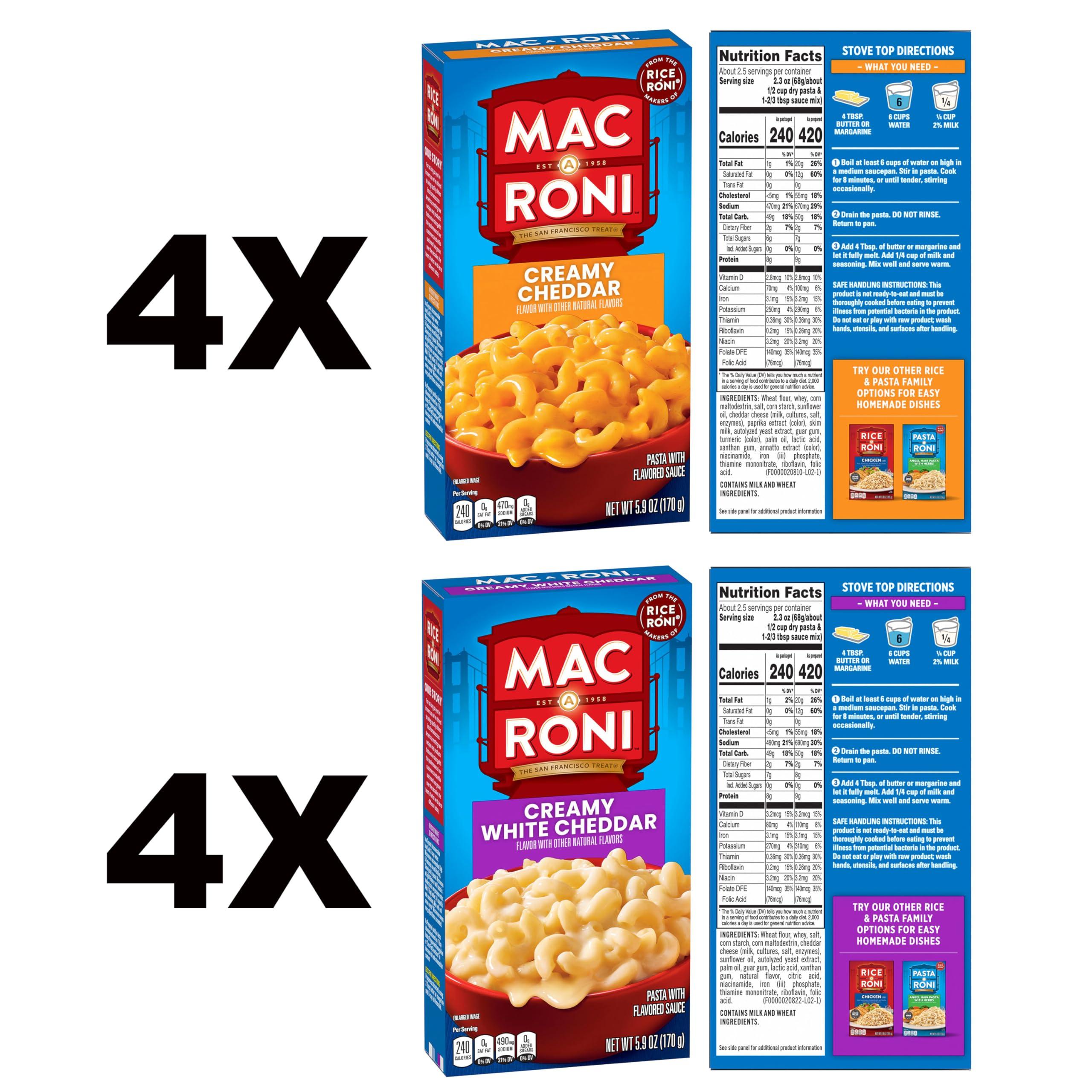 Mac-A-Roni Mac-A-Roni Variety Pack, Creamy Cheddar + Creamy White Cheddar, 5.9 Oz (Pack of 8)