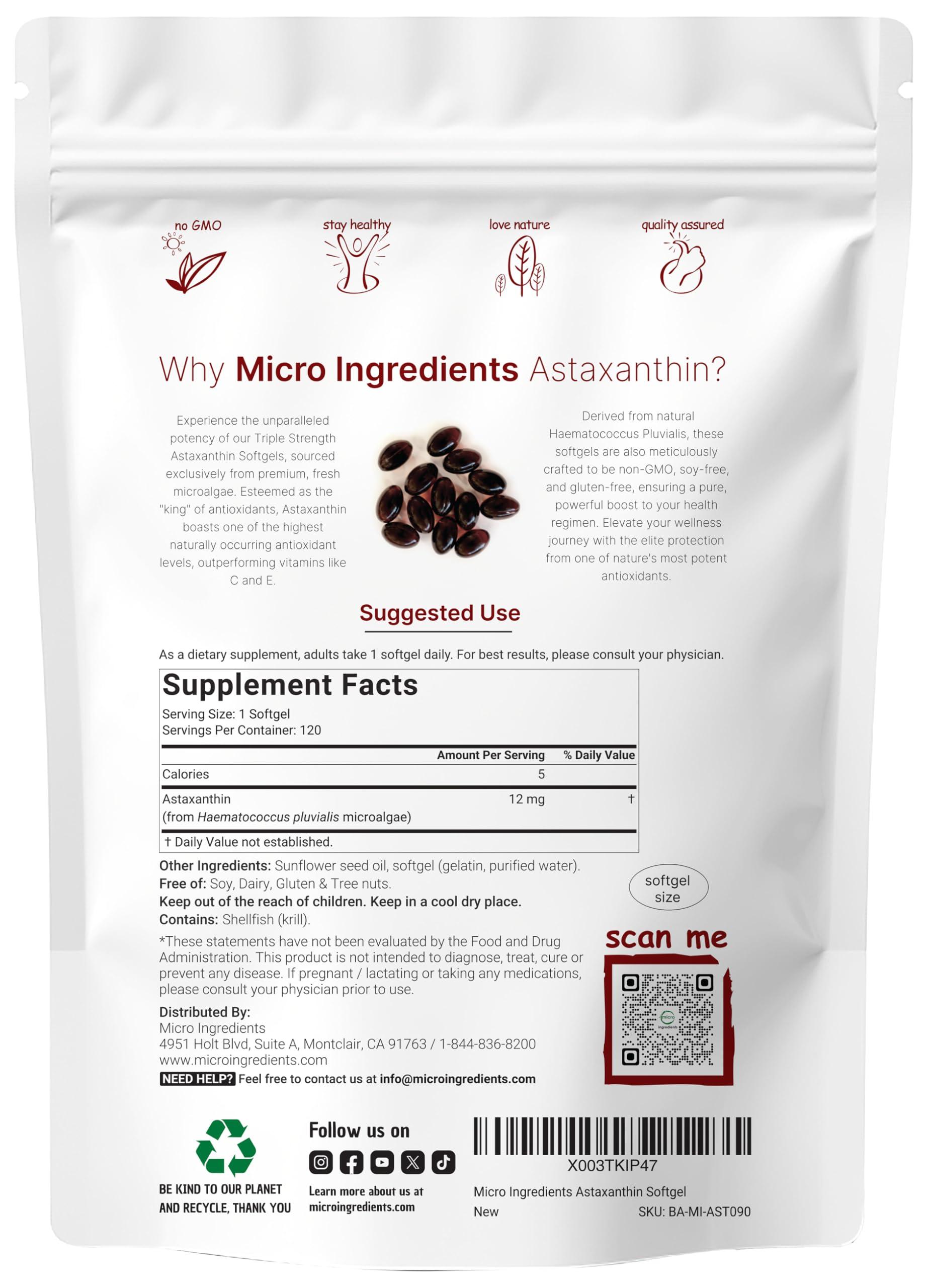 Micro Ingredients Micro Ingredients Astaxanthin 12mg, 120 Softgels, 4 Month Supply | Premium Astaxanthin Antioxidant Supplements | Fresh Microalgae Source | Supports Eye, Joint, & Internal Circulation Health