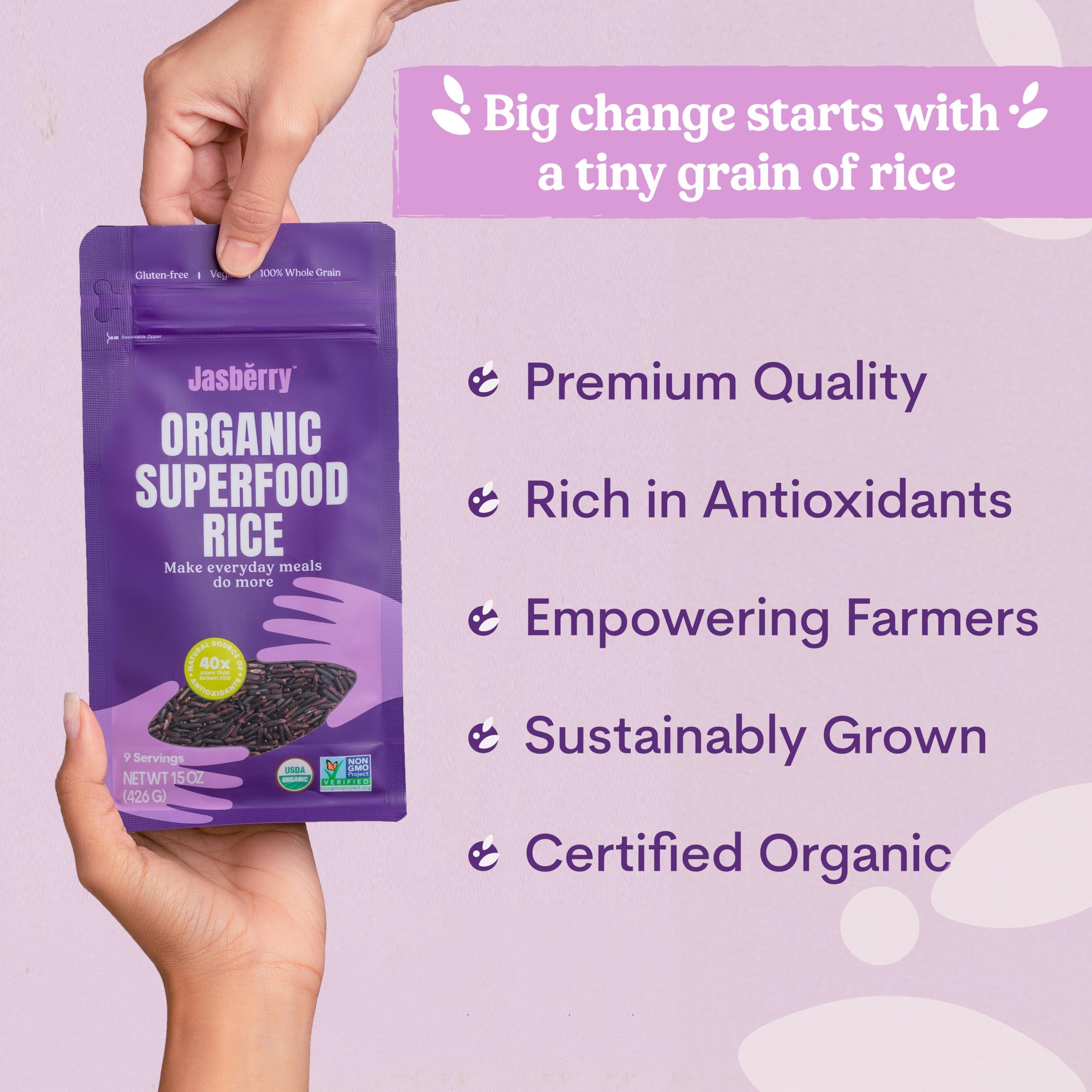 Jasberry Jasberry - Organic Superfood Rice, Soft & Aromatic Whole Grain Purple Rice, High in Antioxidants, Non-GMO, Gluten-free, Easy to cook, Versatile USDA Certified Organic, Vegan (15 Oz Resealable Zip Bag)