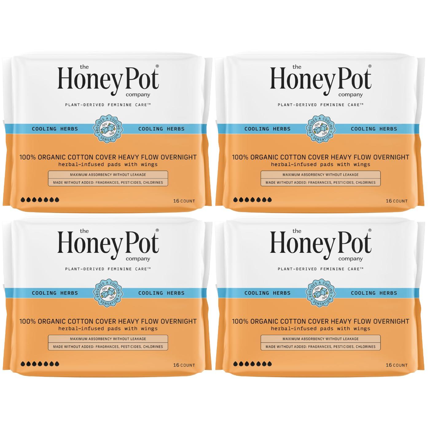 The Honey Pot Company The Honey Pot Company - 64ct - Herbal Sanitary Pads for Women - Heavy Flow Overnight w/Wings - Infused w/Essential Oils for Cooling Effect & Organic Cotton Cover - Feminine Care - FSA & HSA