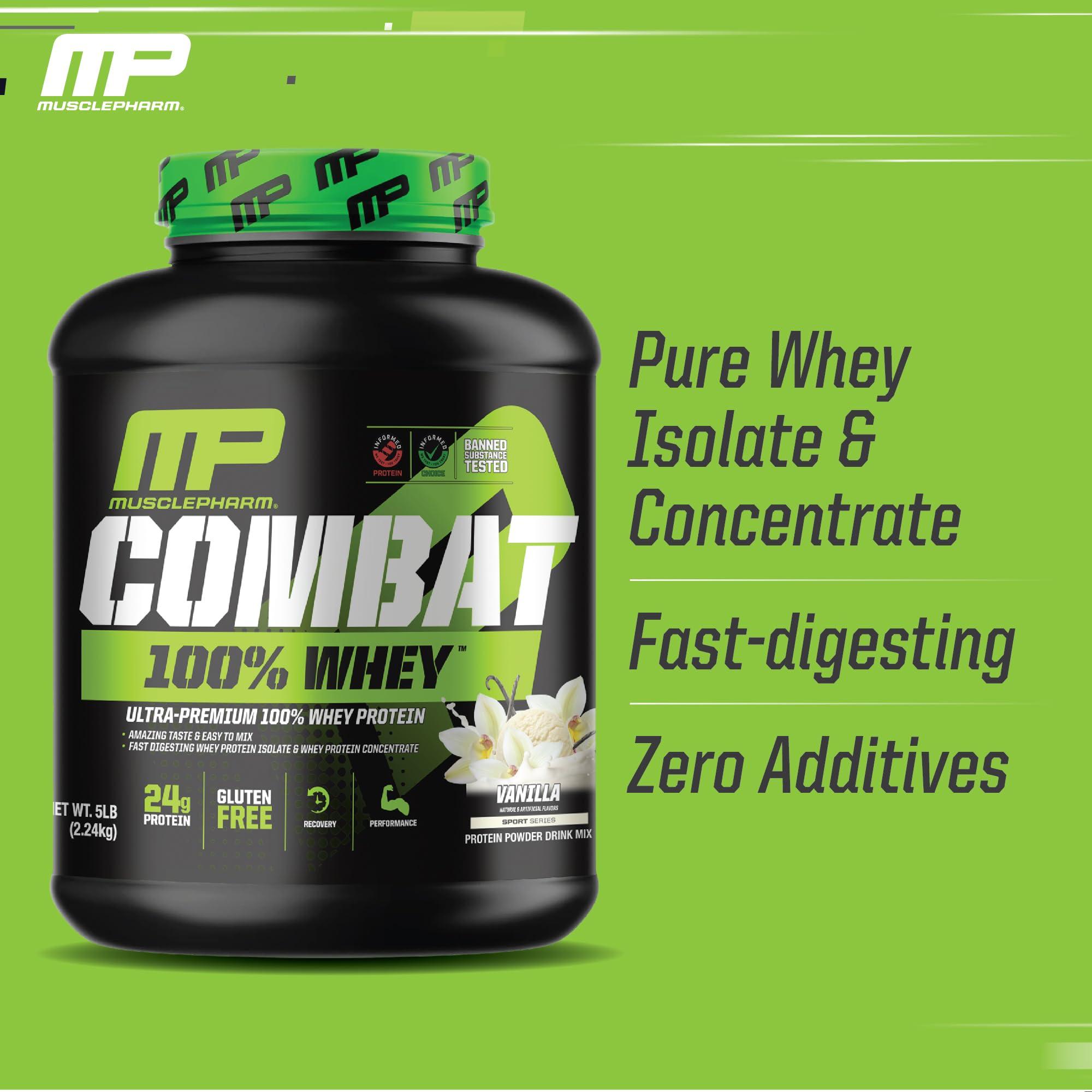 Muscle Pharm MusclePharm Combat 100% Whey Protein Powder, Vanilla Flavor, Fast Recovery & Muscle Gain with Whey Protein Isolate, High Protein Powder for Women & Men, Gluten Free, 5 lb, 70 Servings