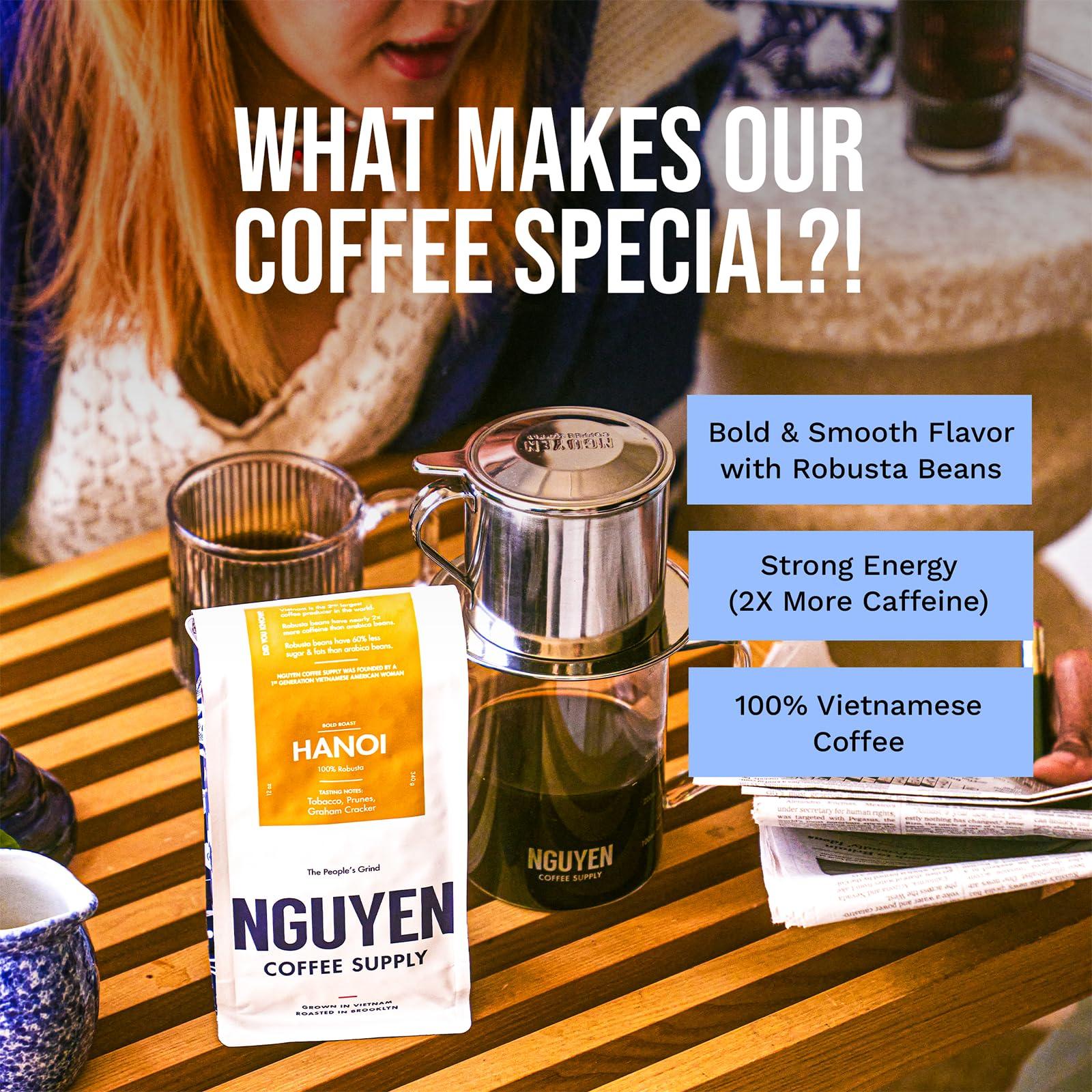 NGUYEN COFFEE SUPPLY Nguyen Coffee Supply - Hanoi Robusta: Dark Roast Premium Ground Coffee Beans, Vietnamese Single Origin, Direct Trade, Low Acid with High Caffeine Content, Roasted in Brooklyn [12 oz Bag]
