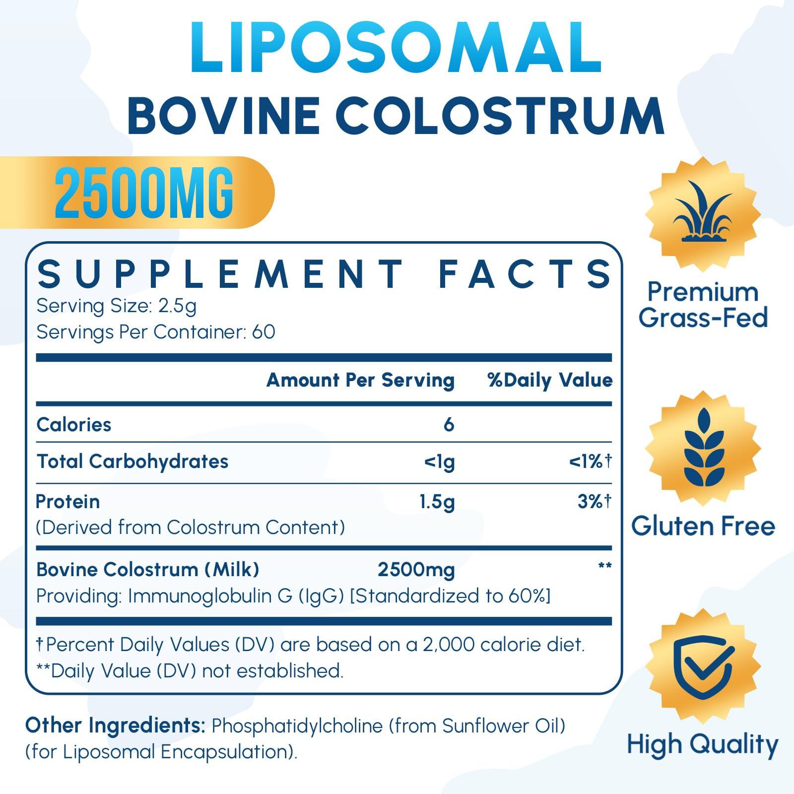 Zdoroviye Liposomal Bovine Colostrum Powder Supplement 2500 mg, High Absorption Than Regular Bovine Colostrum (60 Servings)