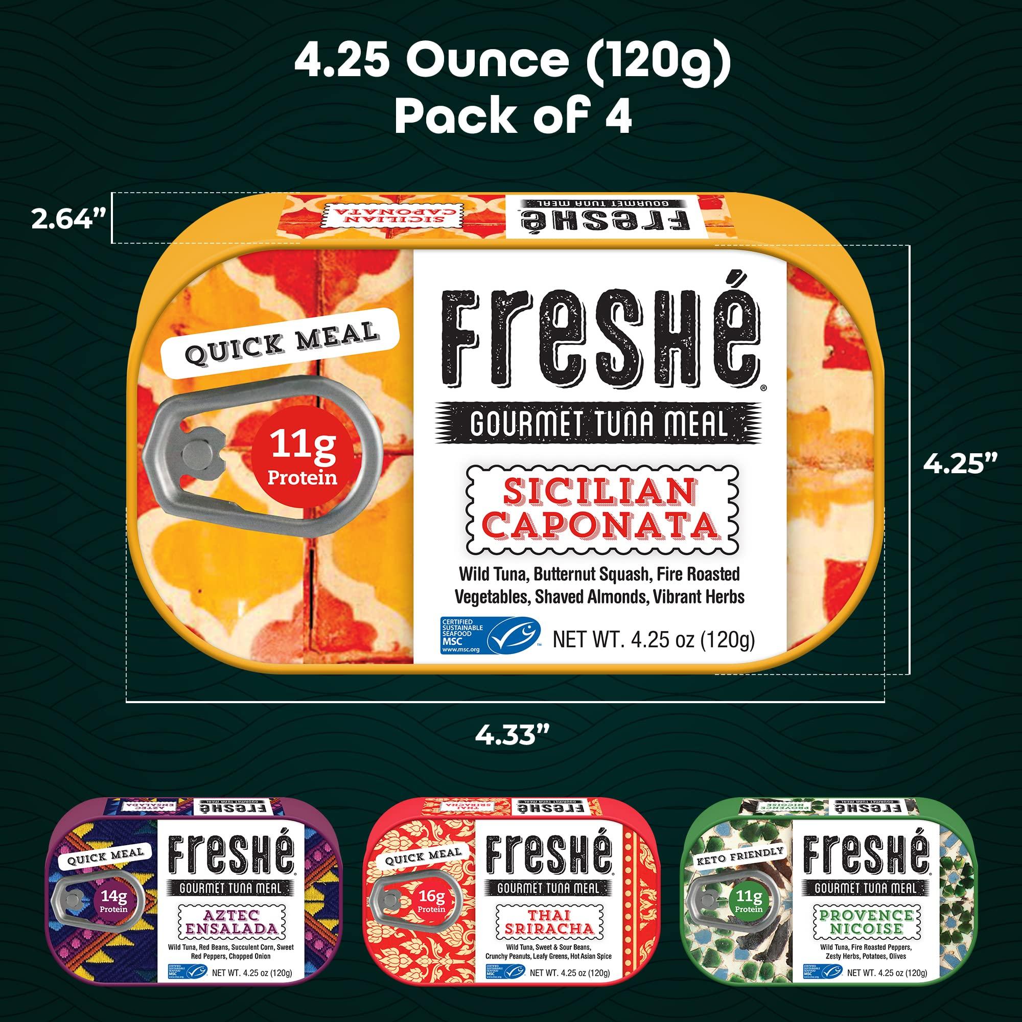 Freshé Fresh Gourmet Canned Tuna Variety Pack (4 Pack) Healthy High-Protein Skipjack Fish & Ready-to-Eat Meal  All-Natural, Non-GMO, Wild-Caught Tuna  Gluten Free Diet Friendly