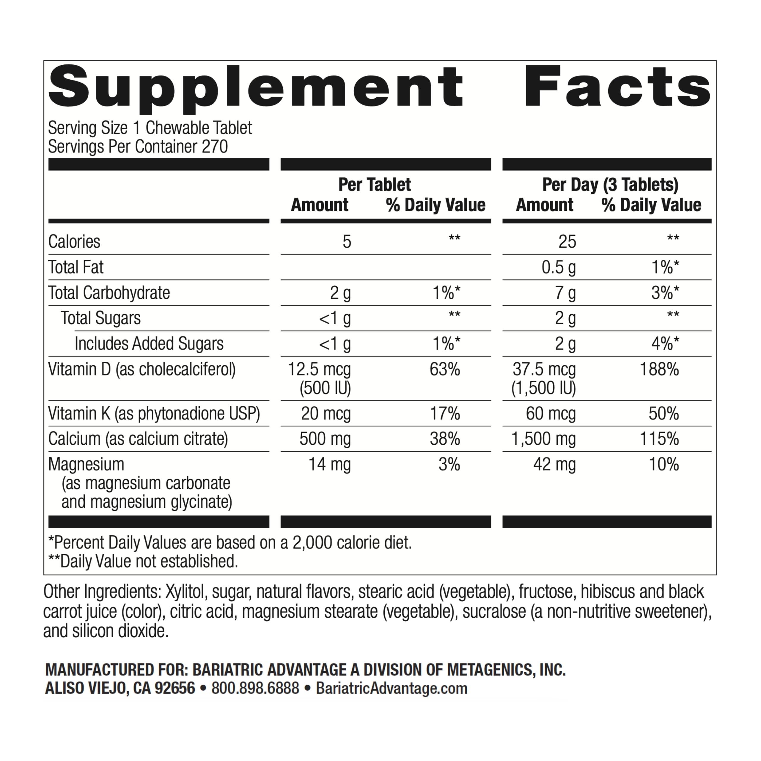 Bariatric Advantage Bariatric Advantage Calcium Citrate Chewable 500mg with Vitamin D3 for Bariatric Surgery Patients Including Gastric Bypass and Sleeve Gastrectomy, Low Sugar - Wild Cherry Flavor, 270 Count