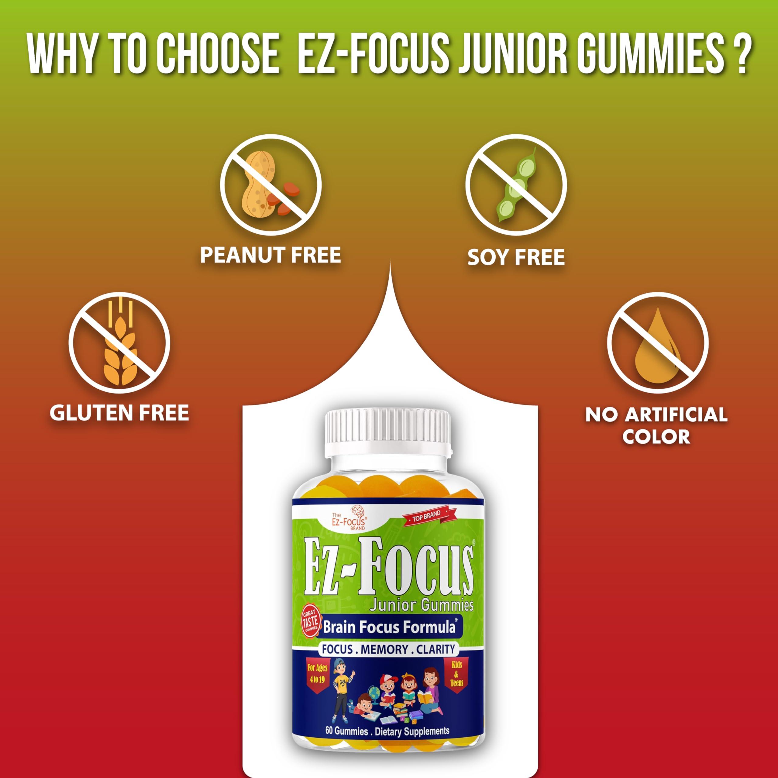 Ez-Focus Ez-Focus Junior Brain Vitamins & Memory Supplements for Kids & Teens, Focus Supplements, Support Memory, Attention, Focus & Clarity, Tasty 60 Chewable Gummies