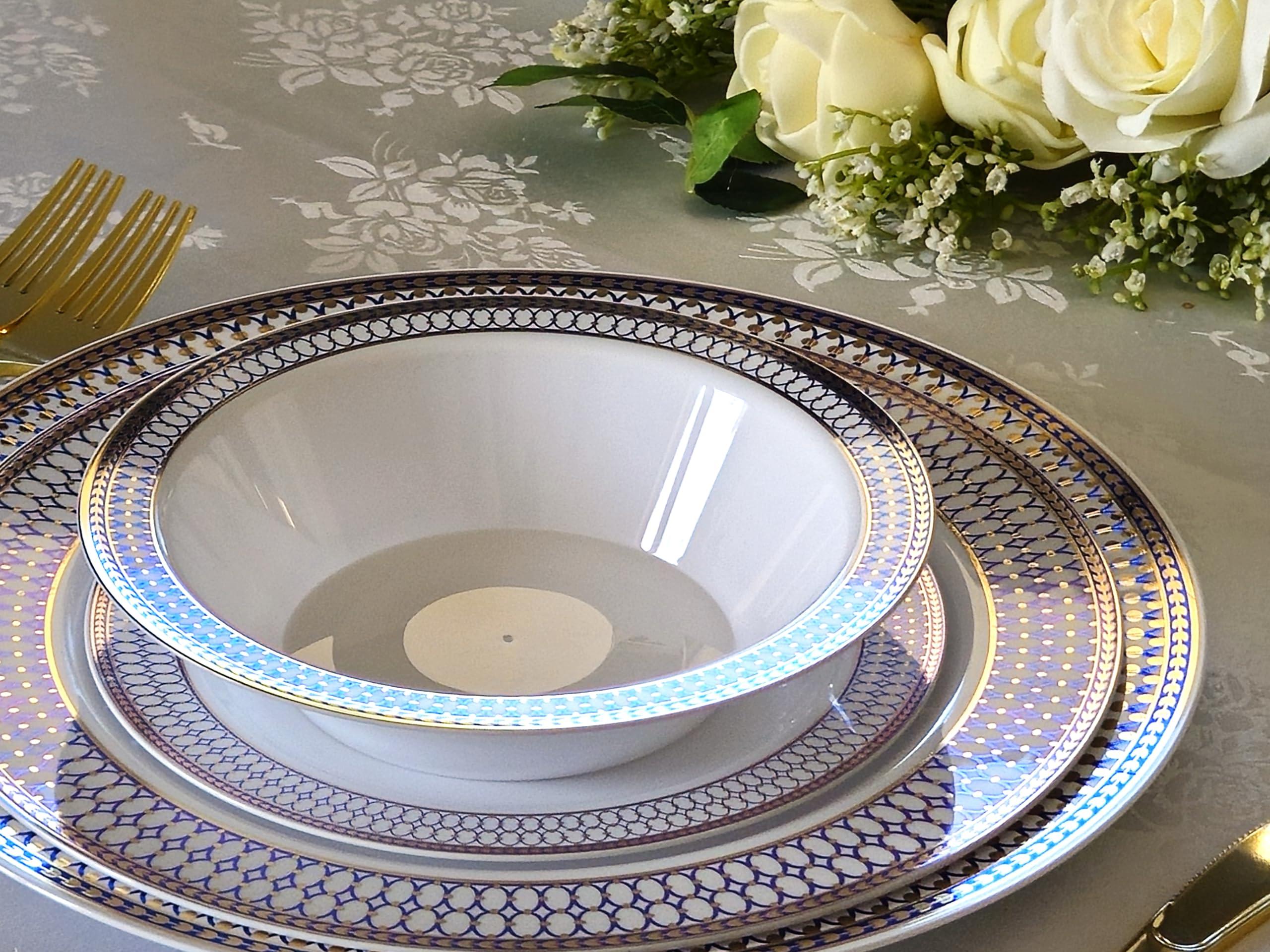 OCCASIONS FINEST PLASTIC TABLEWARE " OCCASIONS " 60 Plates Pack, Heavyweight Disposable Wedding Party Plastic Plates (7.5'' Appetizer/Dessert Plate, Odyssey in White/Blue & Gold)