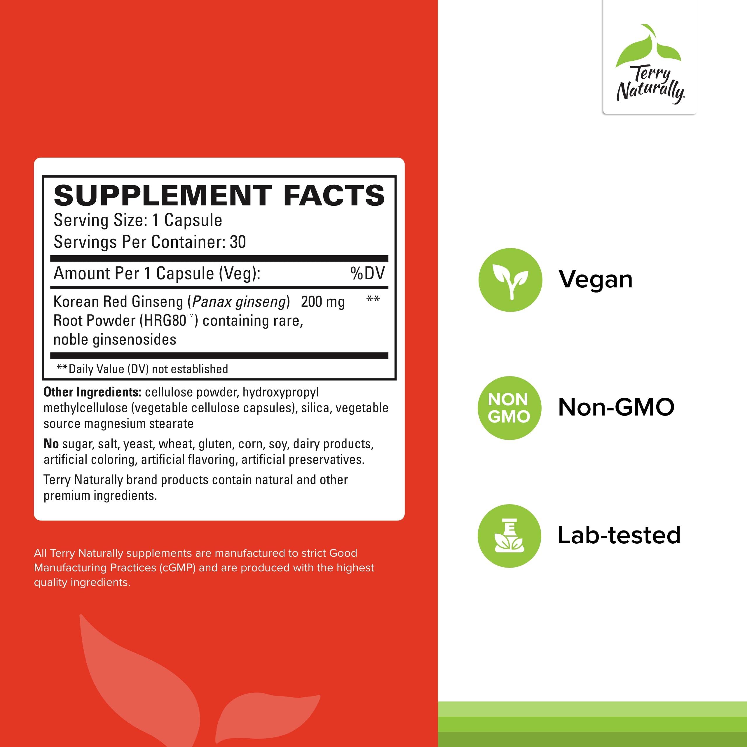 Terry Naturally Terry Naturally HRG80 Red Ginseng Energy - 30 Capsules - Red Ginseng Root Powder, Panax Ginseng, HRG80 - Non-GMO, Vegan, Gluten Free 30 Servings