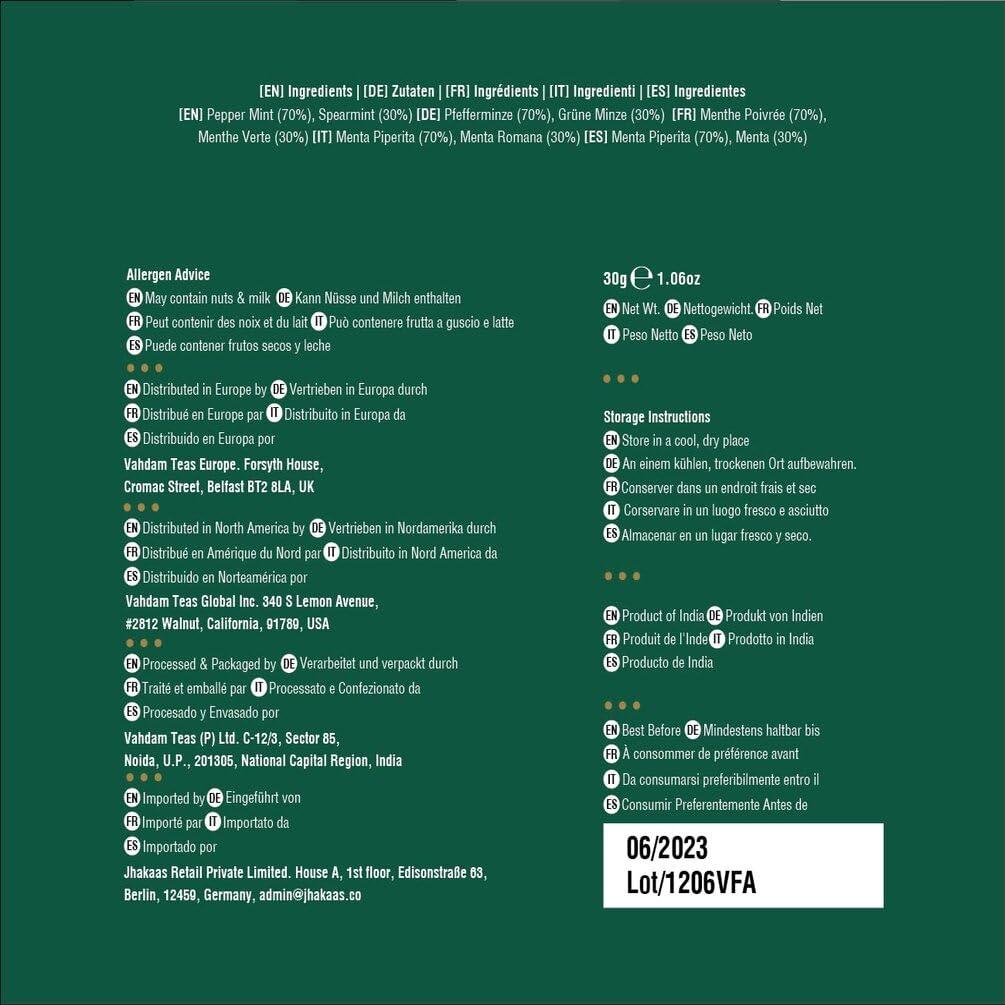 VAHDAM VAHDAM, Pure Mint Herbal Tea (15 Pyramid Tea Bags) Caffeine Free, Non GMO, Gluten Free | Blend of Spearmint & Peppermint - Sweet & Minty | Resealable Ziplock Pouch