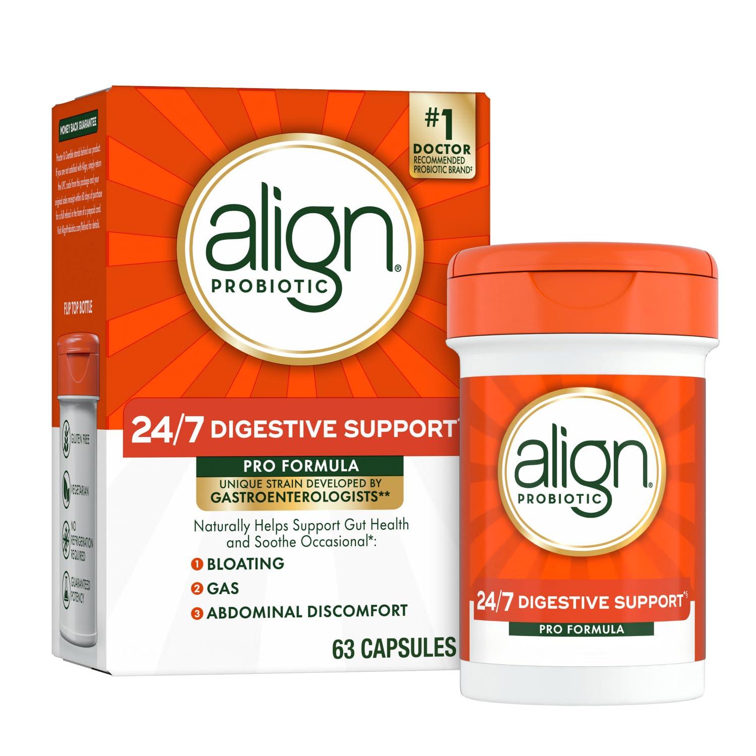 Align Align Probiotic, Pro Formula, Probiotics for Women and Men, Daily Probiotic Supplement, Helps Relieve Occasional Bloating & Gas*, #1 Doctor Recommended Brand, 63 Capsules (Packaging May Vary)