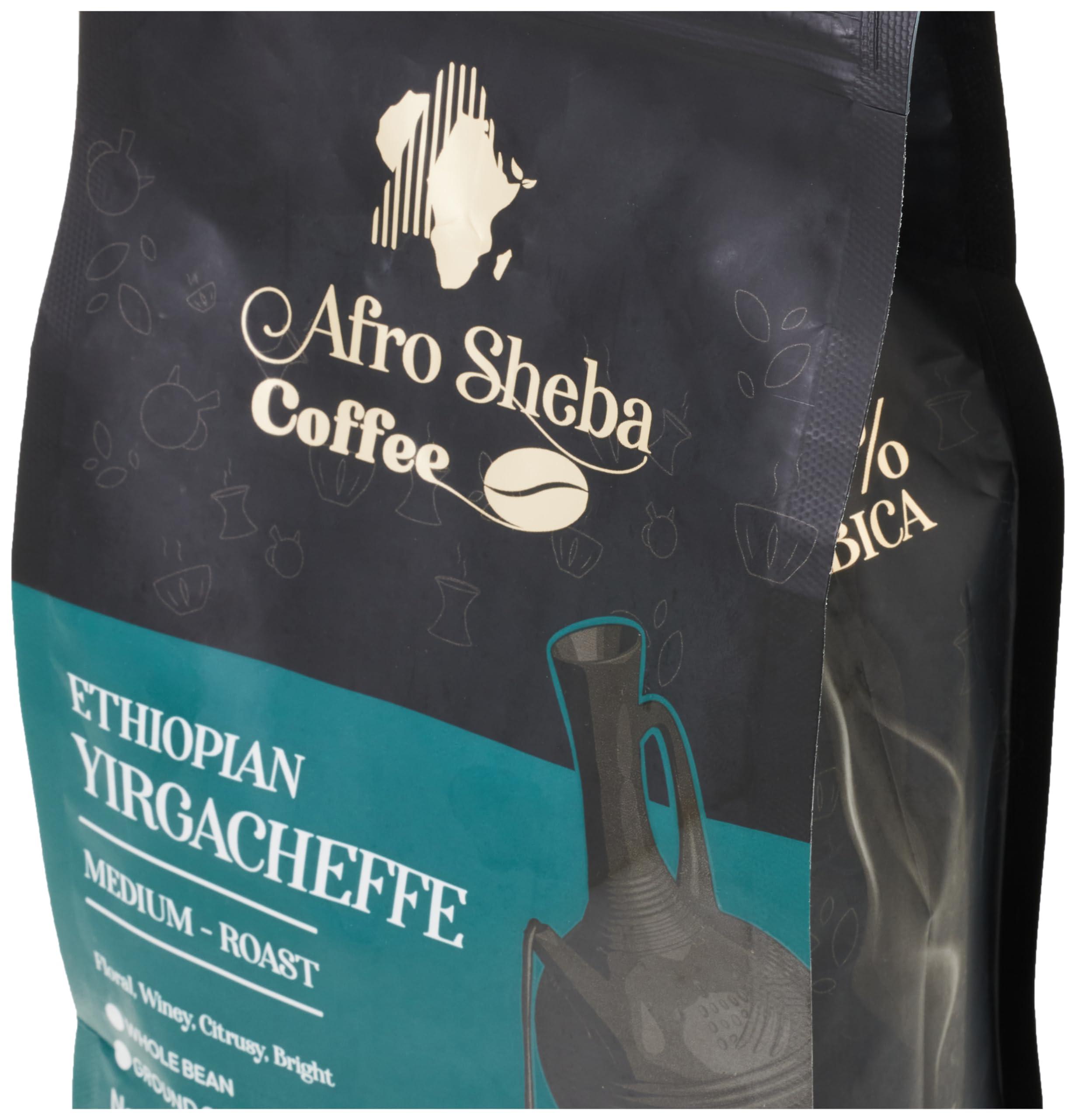 Afro Sheba Coffee Afro Sheba Coffee - Whole Bean Medium Roast Coffee - Full Body - Ethiopian Single Origin - Ground - Low Acid - Washed & Natural - 1 lb (16 oz) (Yirgacheffe)