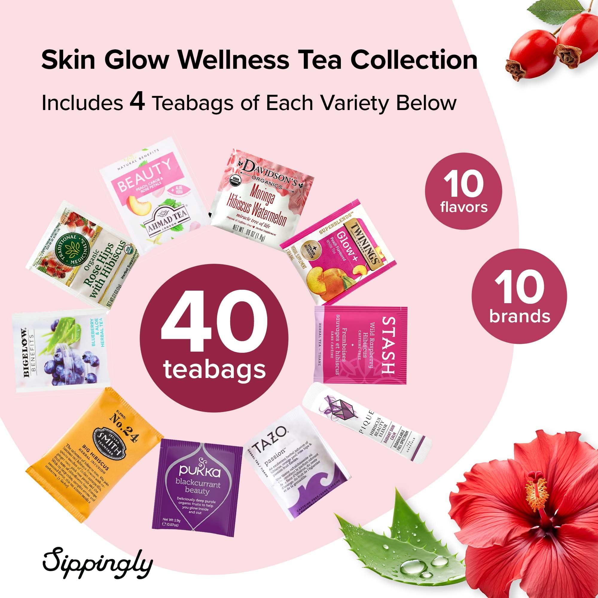 Sippingly Skin Glow Wellness Tea Sampler - 40 Tea Bags, 10 Flavors - Hibiscus, Rosehip, Aloe Vera, Licorice Root - Vegan, Gluten-Free, Organic Herbal Tea Gift for Skincare Lovers, Skin Detox and Clear Skin Tea