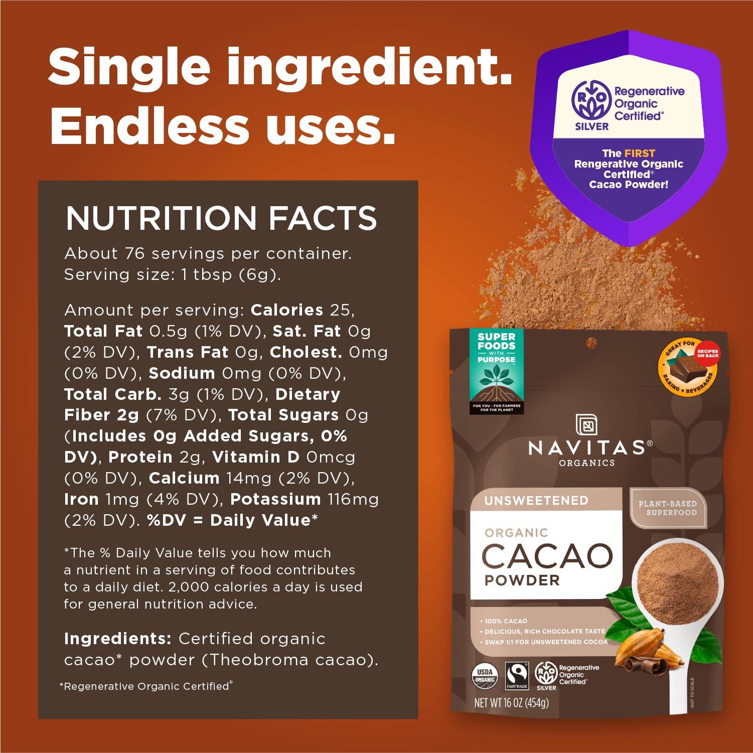 Navitas Organics Navitas Organics Organic Cacao Powder, Non-GMO, Fair Trade, Gluten-Free, 16 Ounce