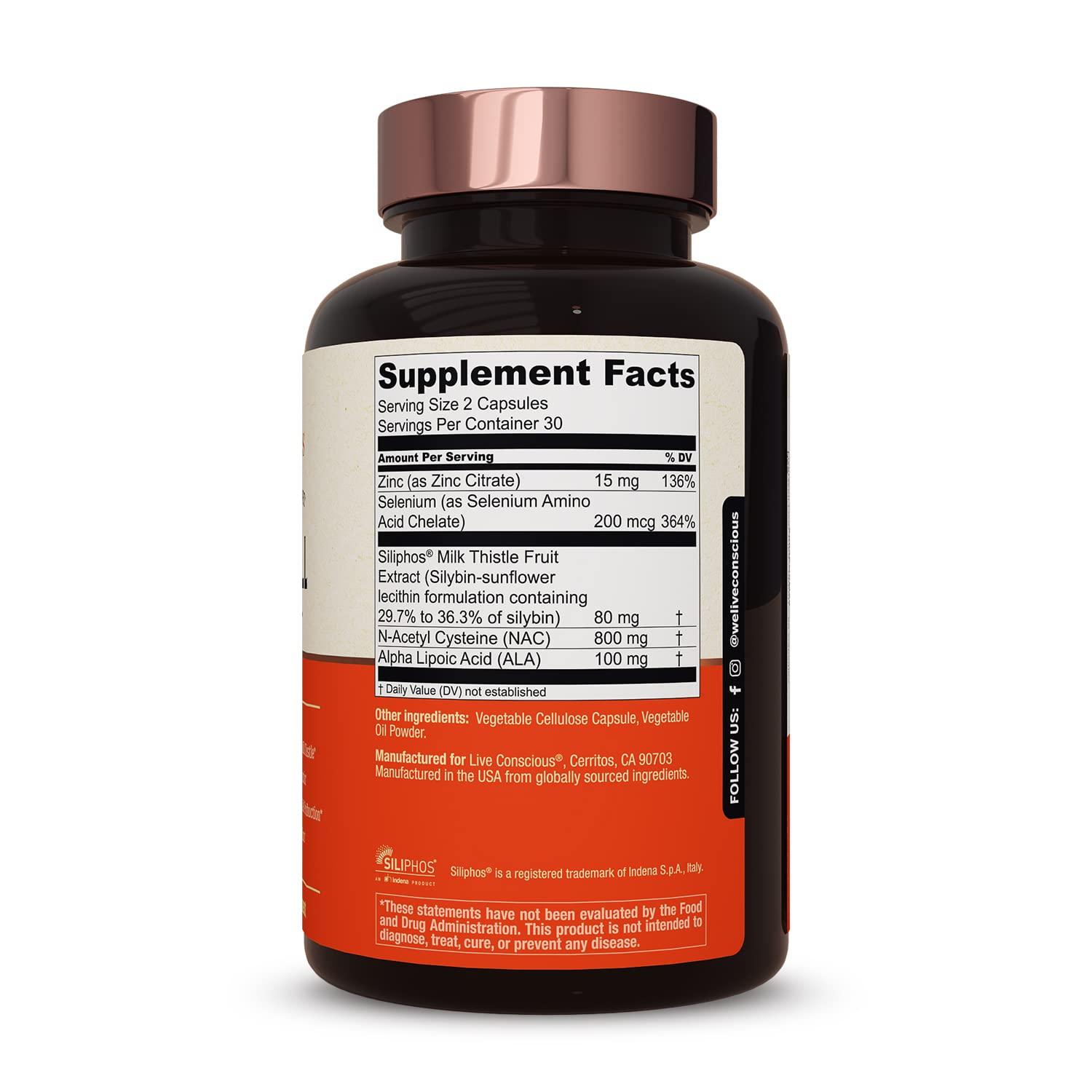 Live Conscious LiverWell Liver Cleanse, Rejuvenation, Metabolic Support - Liver Supplement for Liver Health w/Highly Bioavailable Milk Thistle Extract, N-Acetyl Cysteine, Alpha Lipoic Acid, Zinc, Selenium - 60 Caps