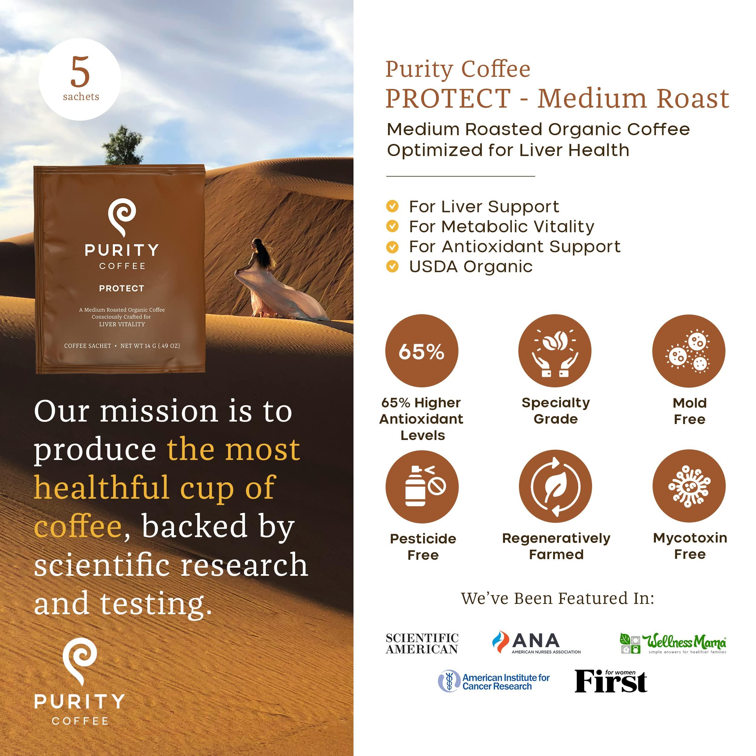 Purity Coffee Purity Coffee PROTECT Highest Antioxidant Light-Medium Roast - USDA Certified Organic Specialty Grade Arabica Single-Serve Packets - Third Party Tested for Mold, Mycotoxins, Pesticides - 5 ct Box
