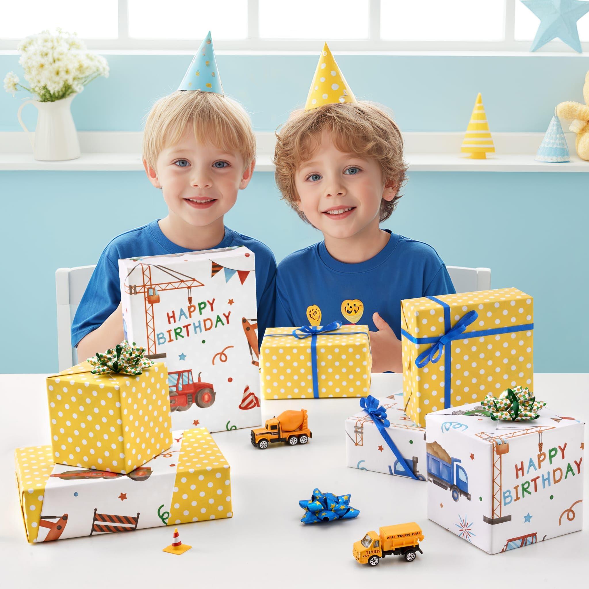 WERNNSAI WERNNSAI Construction Wrapping Paper - 1 Roll 17 x 33 ft Reversible Truck Wrapping Paper Roll Ink Jumbo Roll Birthday Wrapping Paper Roll Kids Boys Construction Party Favor Gift Wrap Polka Dot Design