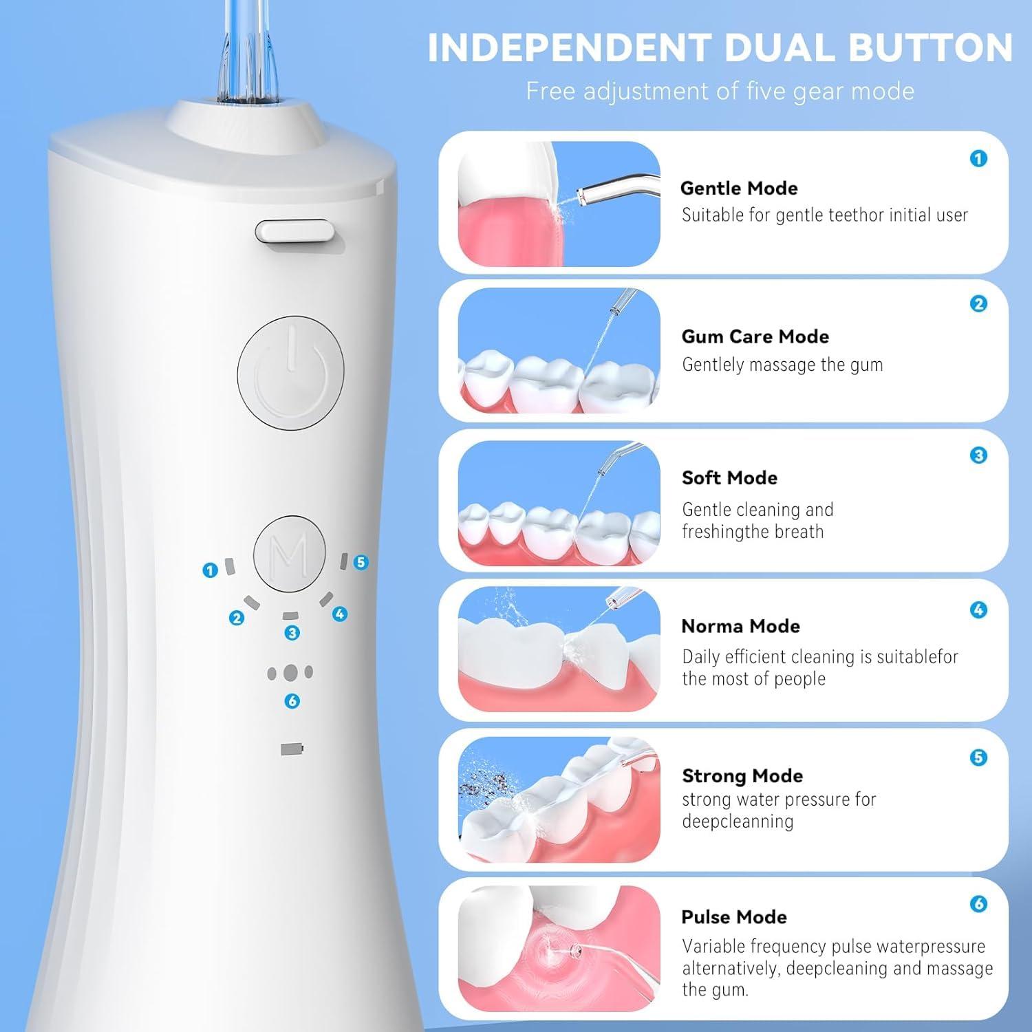 VAPTEC Power Water Flossers for Teeth Cleaning and Flossing, Water Dental Flosser Teeth Pick - Cordless Portable 6 Modes Oral Irrigator Dental, Rechargeable Travel Irrigation Cleaner IPX7 Waterproof (White)