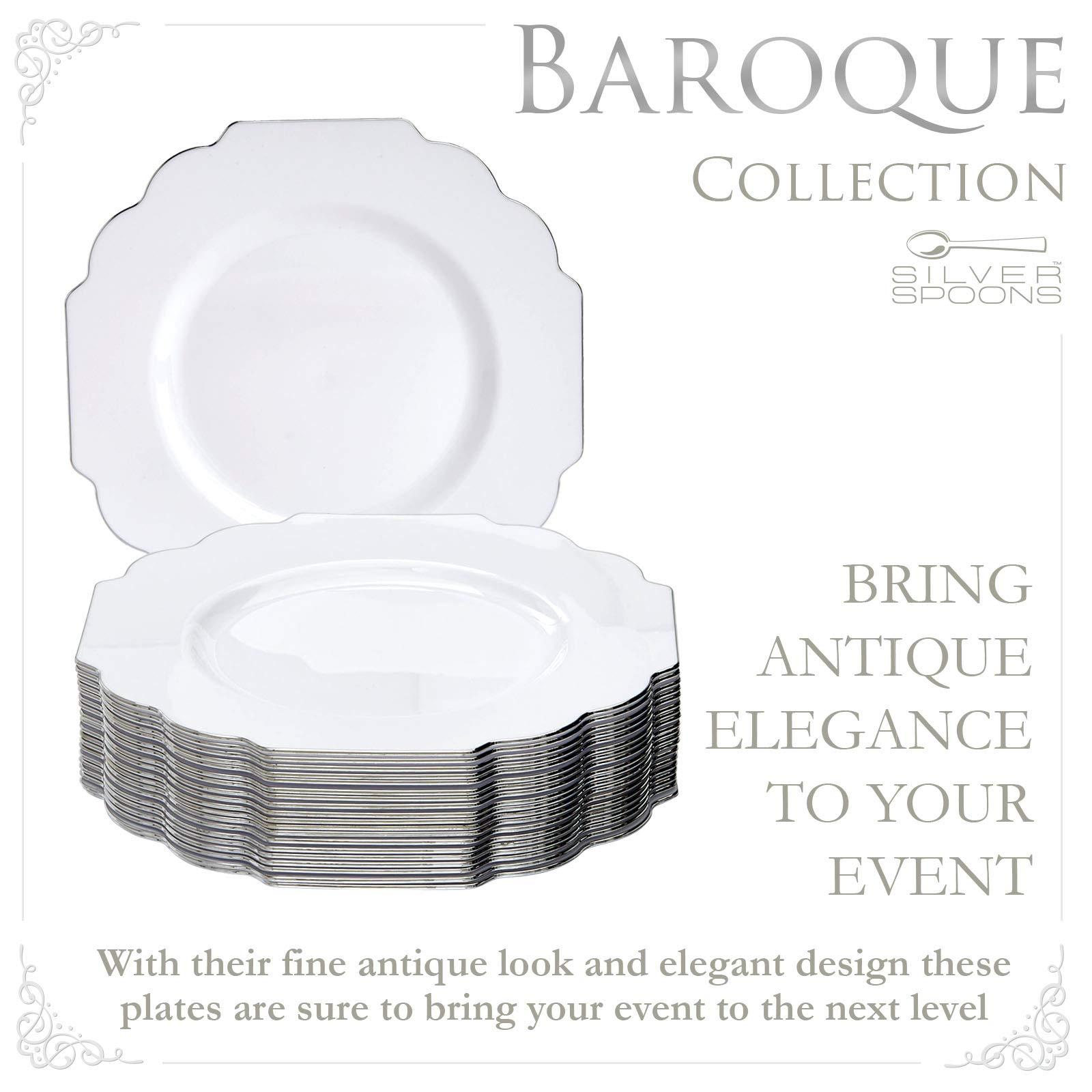 Silver Spoons SILVER SPOONS Elegant Plastic Plates for Party with Scalloped Rim (10 PC), Disposable Heavy-Duty Dessert Plates for Wedding Reception - 6, Fancy Plastic Dinnerware Sets with Silver Edge - White