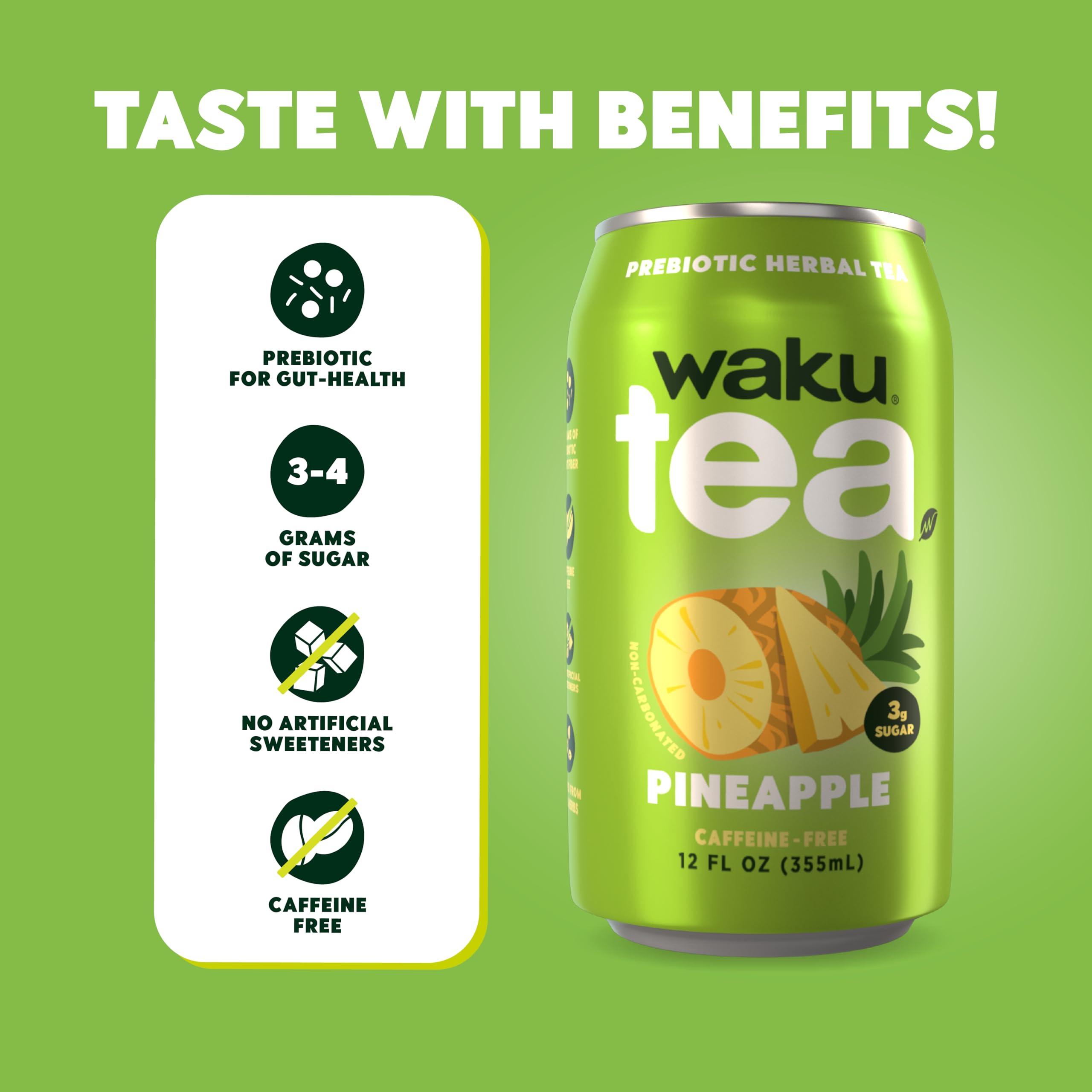 W WAKU HEALTHY TRADITION WAKU TEA, Prebiotic Herbal Tea, Pineapple, Supports Digestive & Gut Health, Keto Friendly, Zero Added Sugar, 5g Fiber, Caffeine Free, Natural Sweetner, 12 pack, 12oz Cans