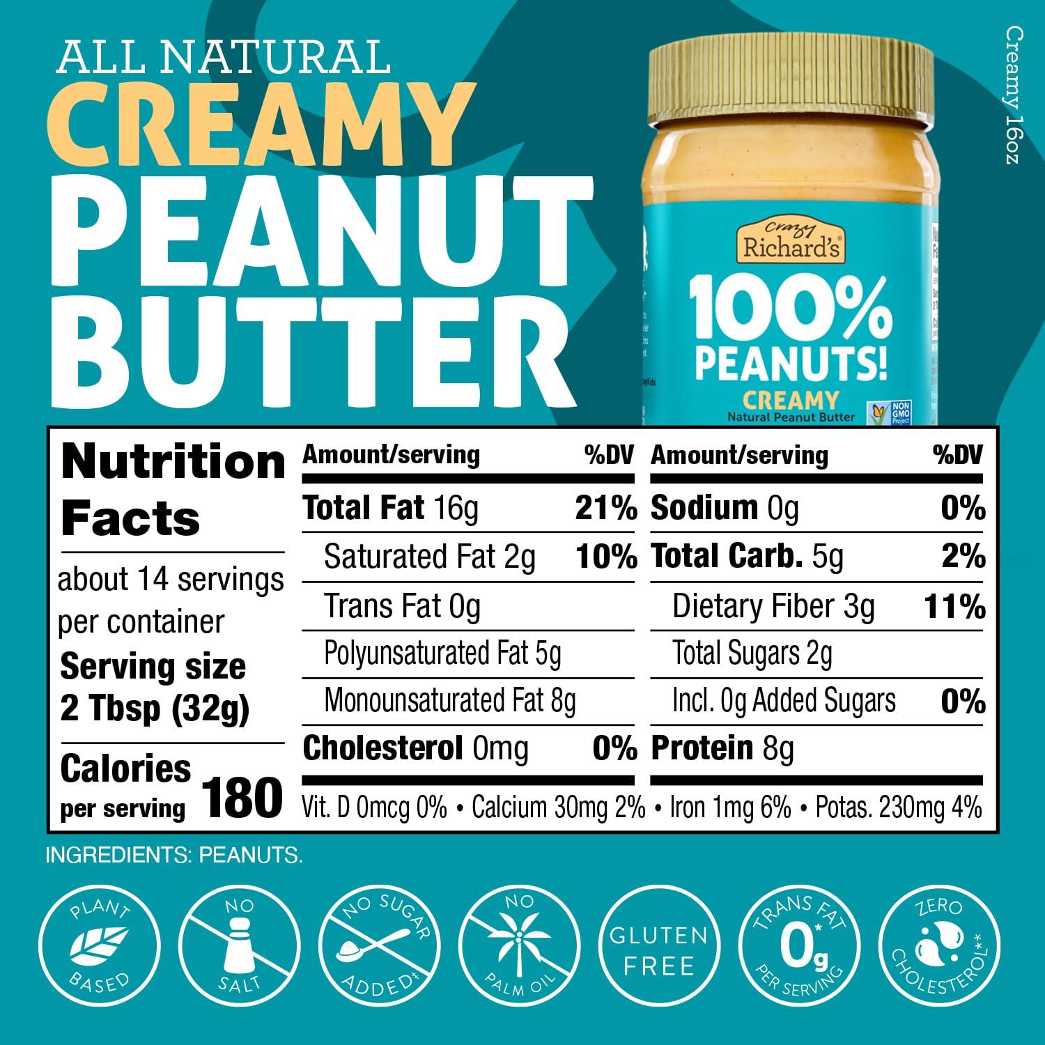 Crazy Richard's Crazy Richard\'s 100% All-Natural Vegan Creamy & Crunchy Peanuty Butter with No Added Sugar and Non-GMO Variety Pack (16 Ounce, Pack of 2)