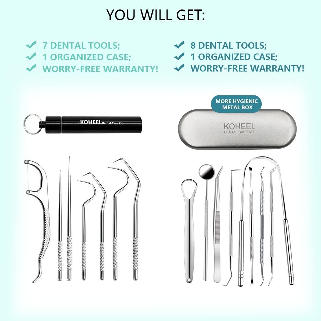 KOHEEL KOHEEL Dental Tools with Metal Case, 8 Count Teeth Cleaning Tools Set, Remove Plaque, Oral Care Hygiene Kit & Toothpicks Pocket Set, Reusable Dental Floss Picks Kit, Tooth Picker