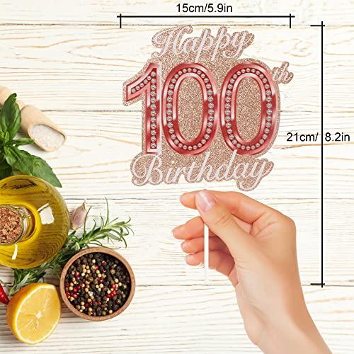 HEYUWING Pink Glitter Happy 100th Birthday Cake Topper Crystal Rhinestones Theme Decor Supplies Woman Man Happy Birthday Party Decorations