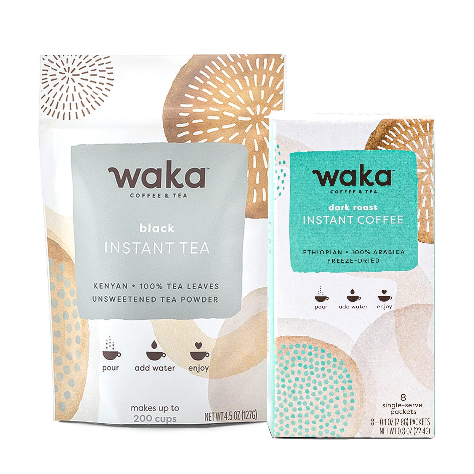 Waka Coffee Waka — Instant Coffee and Tea Bundle — Unsweetened Black Tea — Single-Serve Ethiopian Dark Roast Box Bundle
