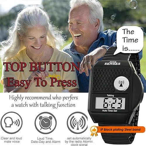 FIVE SENSES FIVE SENSES - English Atomic Talking Watch, Easy to use for Seniors Blind Men Women, Loud Talking Watch with Sound for Vision Impaired, Elderly Women, Blind People Products 1095 (Black)