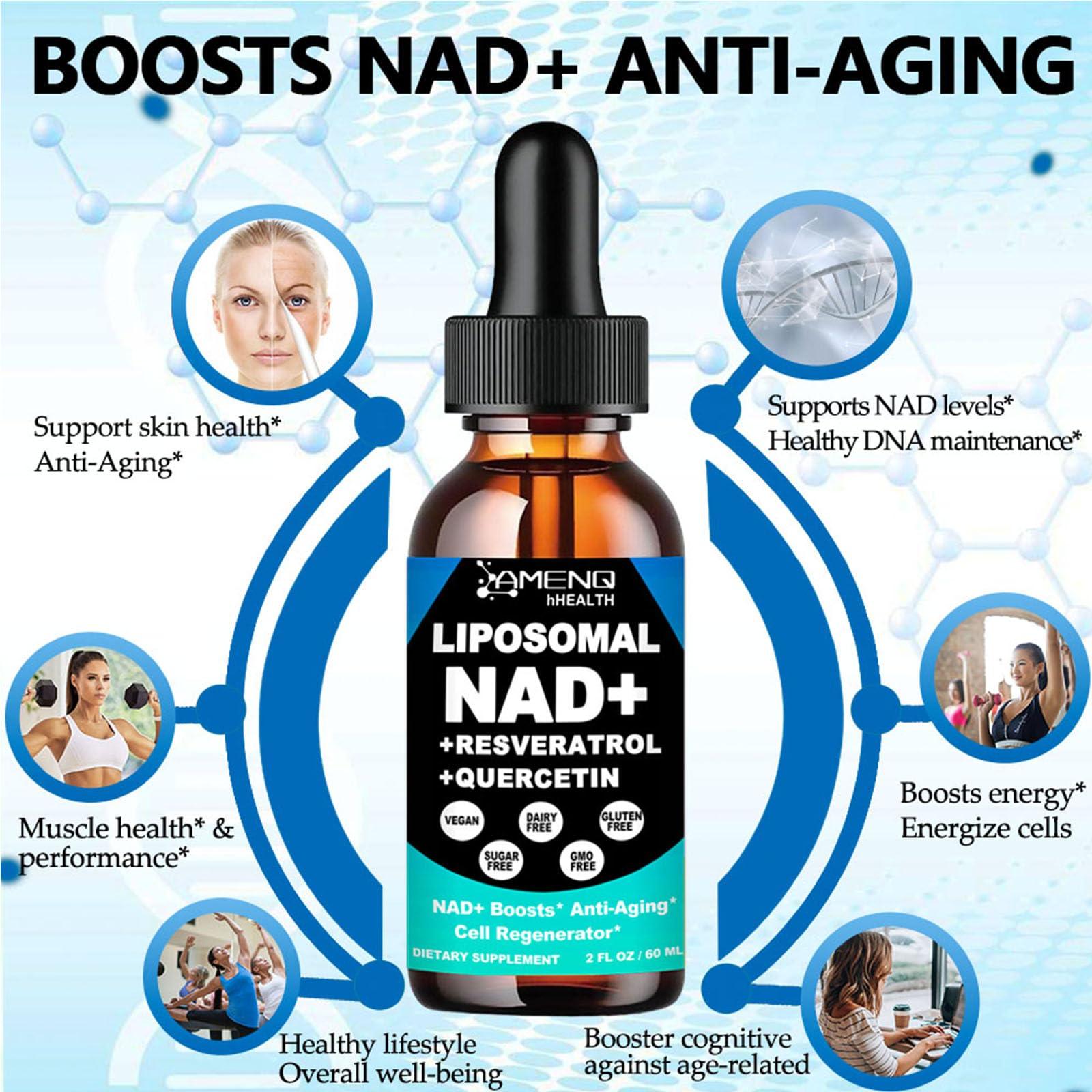 AMENQ hHEALTH NAD Supplement, Liposomal NAD Nicotinamide Riboside Resveratrol 900mg Quercetion, TMG, Vitamin B3, High Potency NAD Plus Liquid Supplement for Cell Regenerator, Longevity, Energy, Anti-Aging, Focus