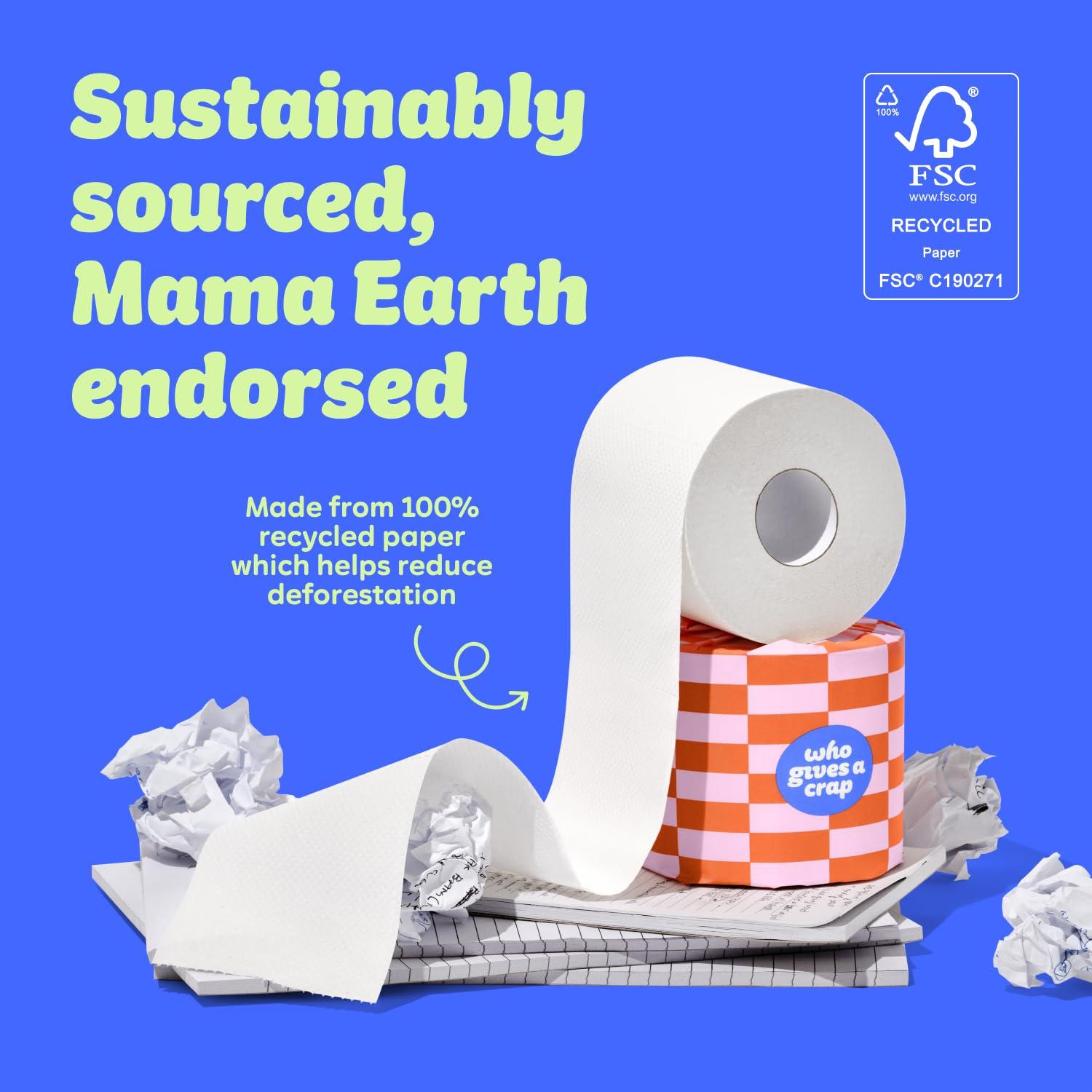 Who Gives A Crap Who Gives A Crap | 100% Recycled Toilet Paper, 24 Rolls, 330 Sheets, Biodegradable & Ecofriendly, Soft & Strong, Virgin Tree Free, Bulk Toilet Paper