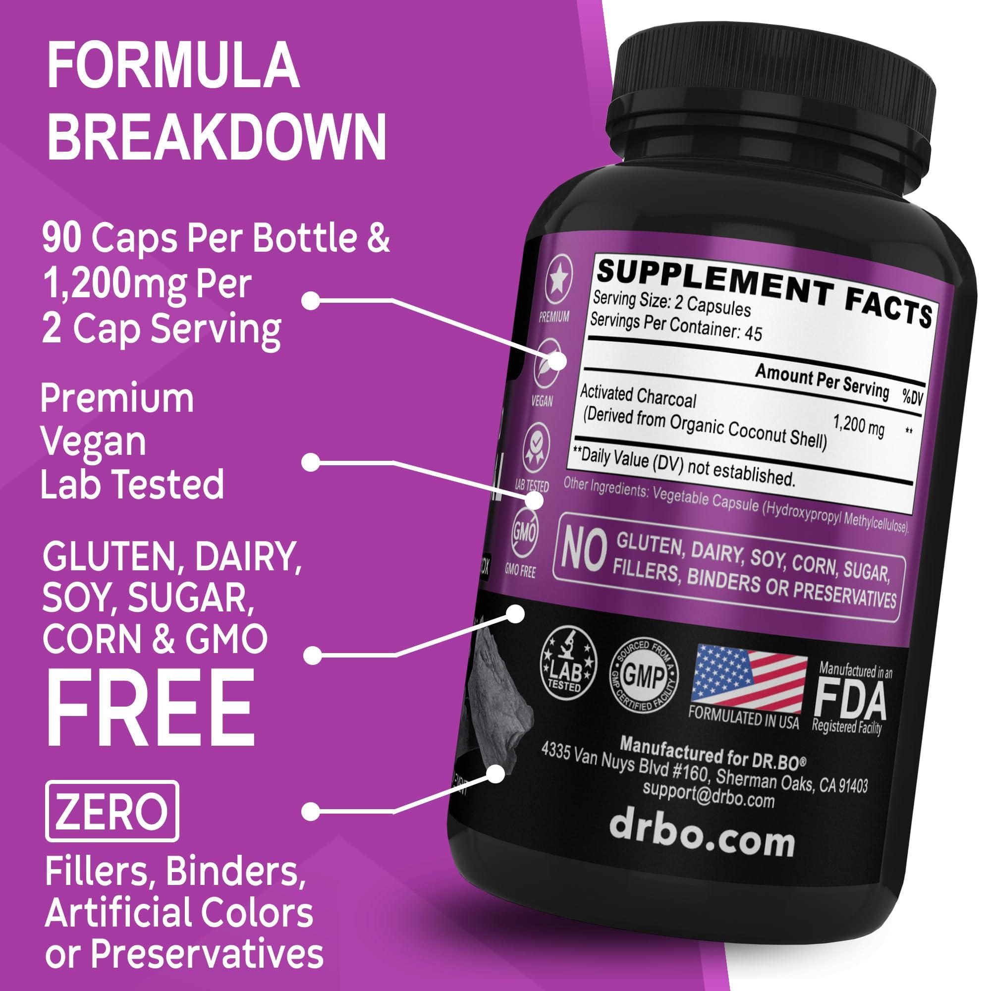 DR. BO Activated Charcoal & Colon Cleanser Detox - Organic Coconut Charcoal Pills & Colon Cleanse for Stomach Gas Bloat & Regularity - Bowel Movement Supplements for Stomach Bloating, Gut Support