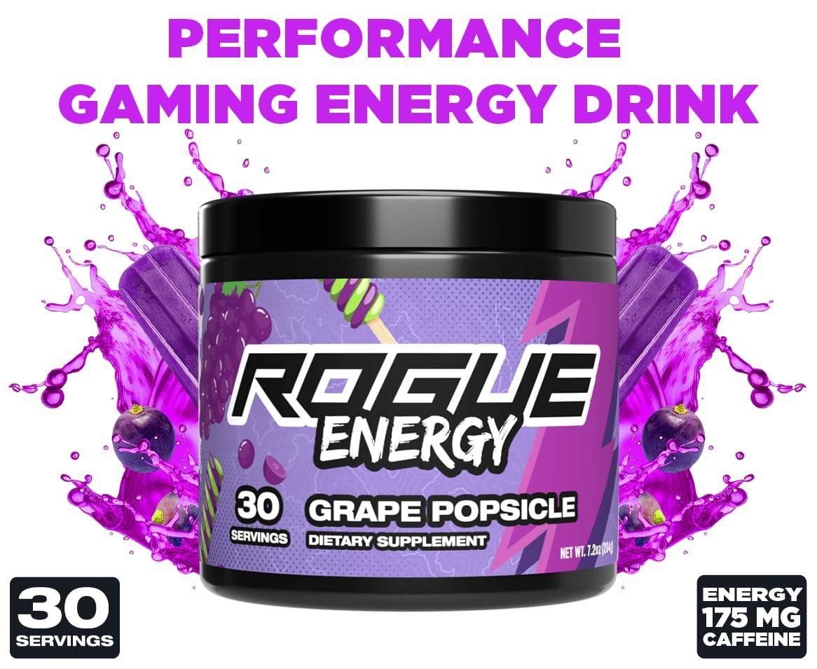 Rogue Energy Rogue Energy Drink Powder for Long Gaming Hours - Gaming Energy Powder for Mental Focus - Sugar & Gluten Free - Gaming Supplement with Caffeine & Vitamins - Made in USA (Grape Popsicle - 30 Servings)