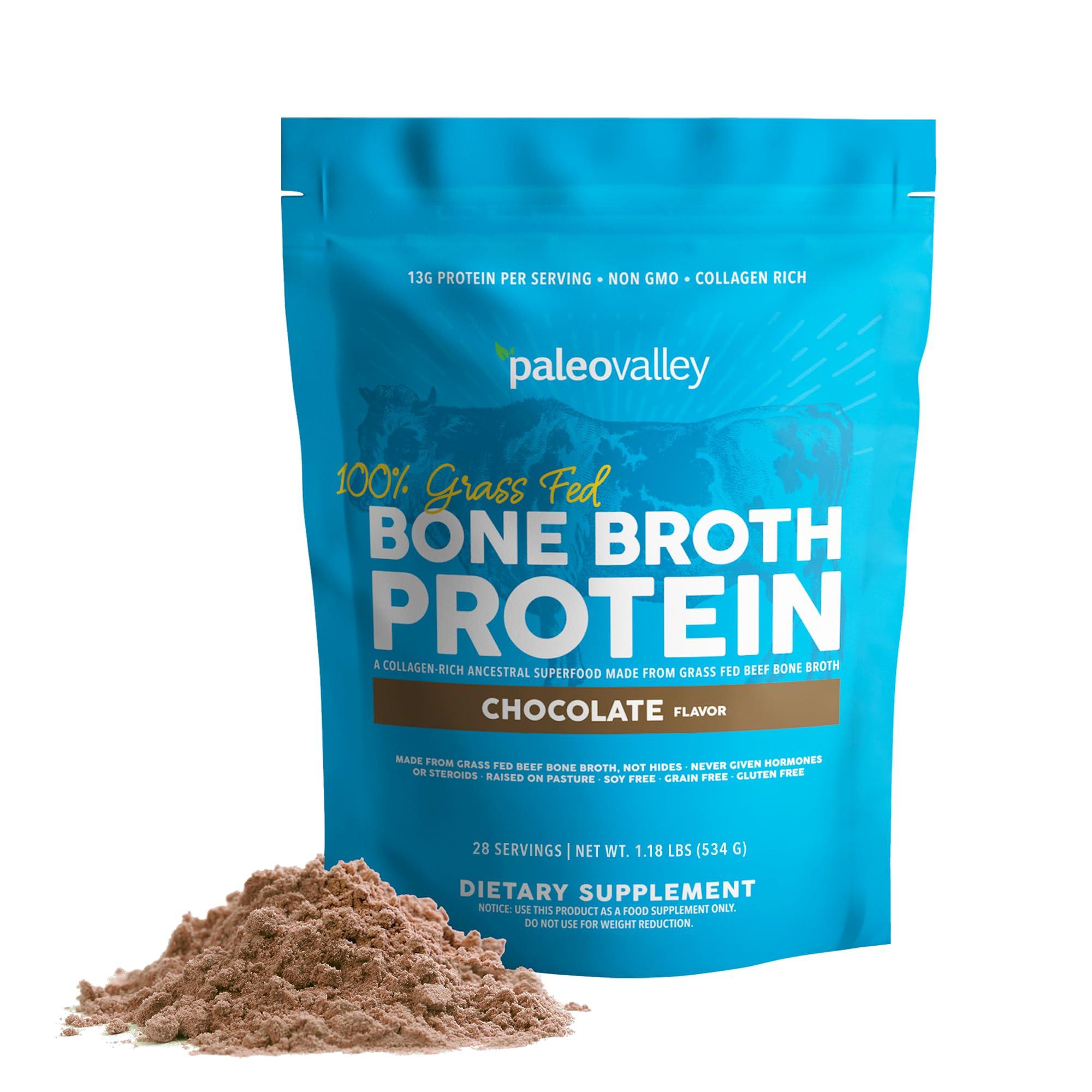 Paleovalley Paleovalley 100% Grass Fed Bone Broth Protein Powder - Chocolate - Rich in Collagen for Hair, Skin, Gut Health, Bone and Joint Support - 28 Servings