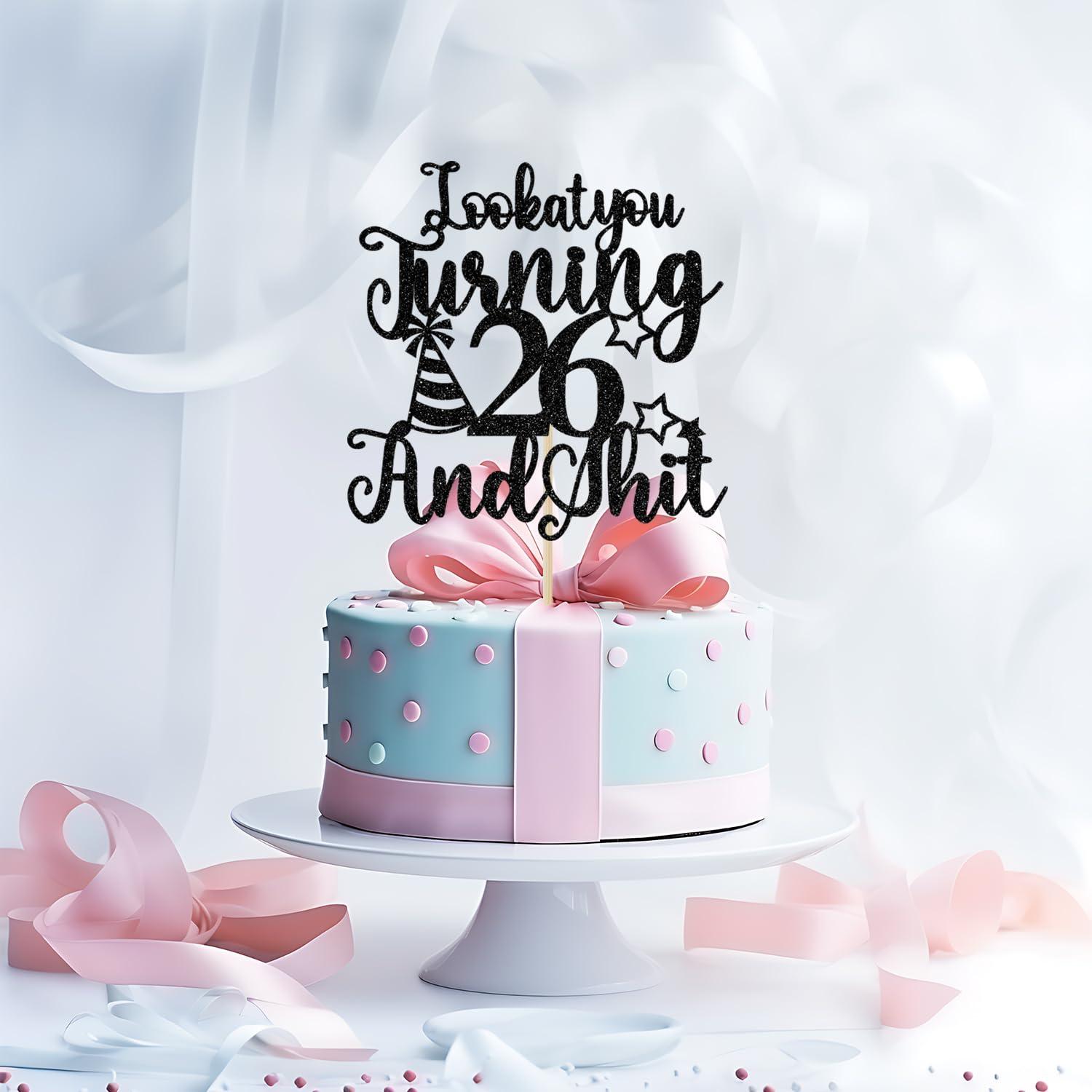 Bytorjar Happy 26th Birthday Cake Topper, 26th Birthday Cake Decor, Cheers to 26 Years, Hello 26, Funny 26th Birthday Party Decorations, Black Glitter