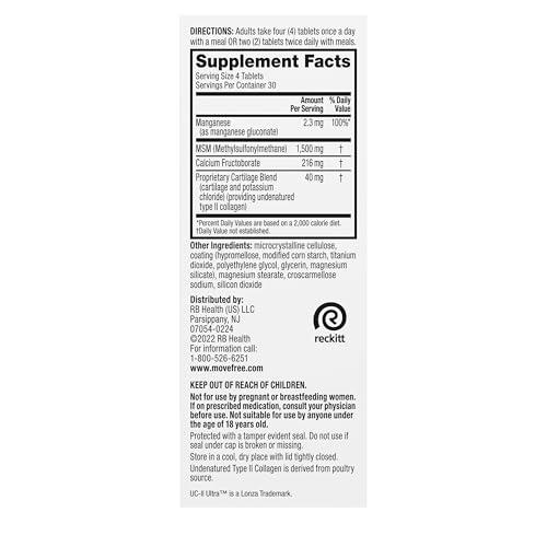 Move Free Move Free Ultra Pro with Quadruple Action Joint Support - Type 2 Collagen MSM Calcium Fructoborate & Manganese - Supports Joint Cartiliage Bone Connective Tissue, 120 Tablets (30 servings)