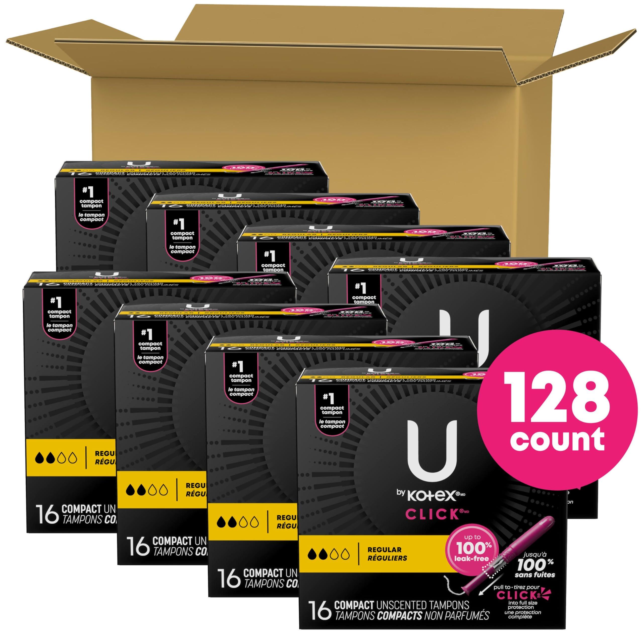 U by Kotex U by Kotex Click Compact Tampons, Regular Absorbency, Unscented, 128 Count (8 Packs of 16) (Packaging May Vary)
