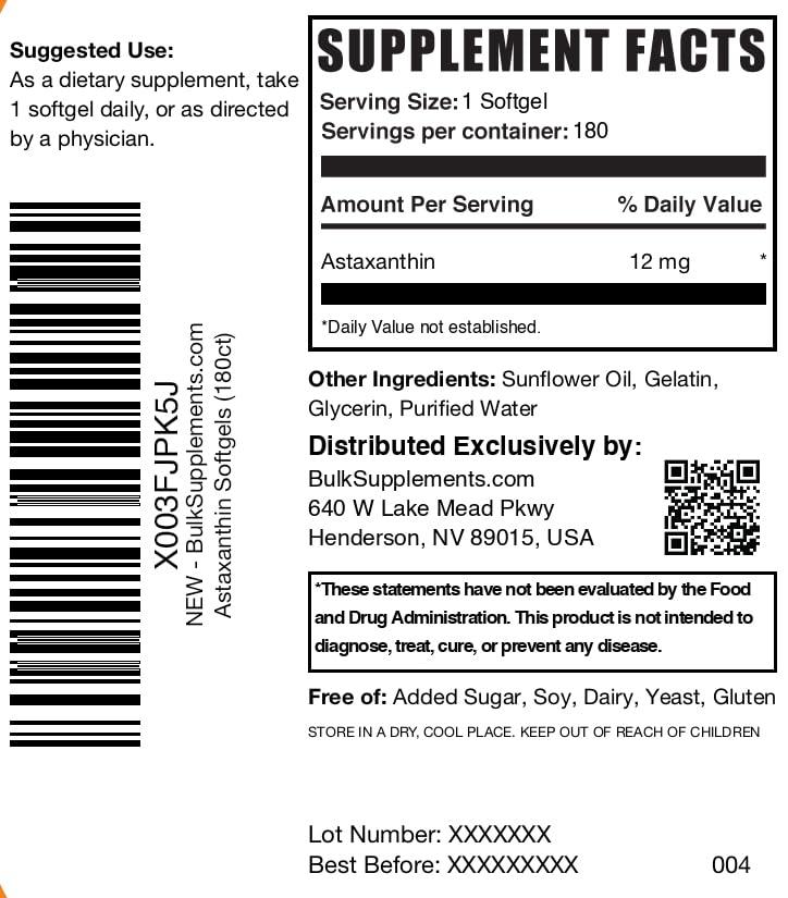BULKSUPPLEMENTS.COM BulkSupplements.com Astaxanthin 12mg Softgels - Astaxanthin Supplements, Antioxidant Source - Gluten Free, 1 Astaxanthin Softgel per Serving, 180 Count (Pack of 1)