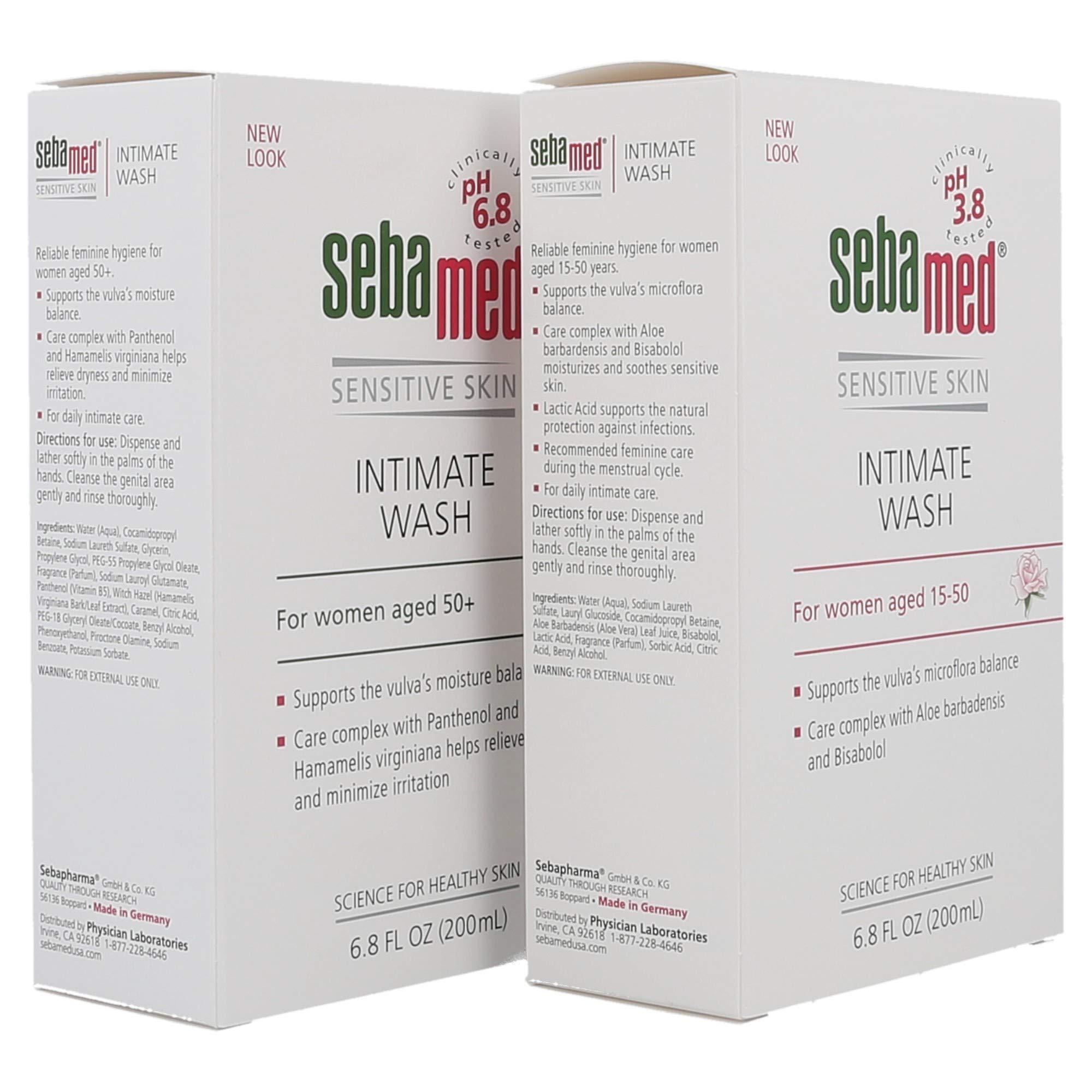 SEBAMED Sebamed Feminine Intimate Wash pH 3.8 for Microflora Balance with Aloe Vera and Sebamed Feminine Intimate Wash Menopause pH 6.8 for Women Aged 50 and Above (200mL Bottles) Value Pack