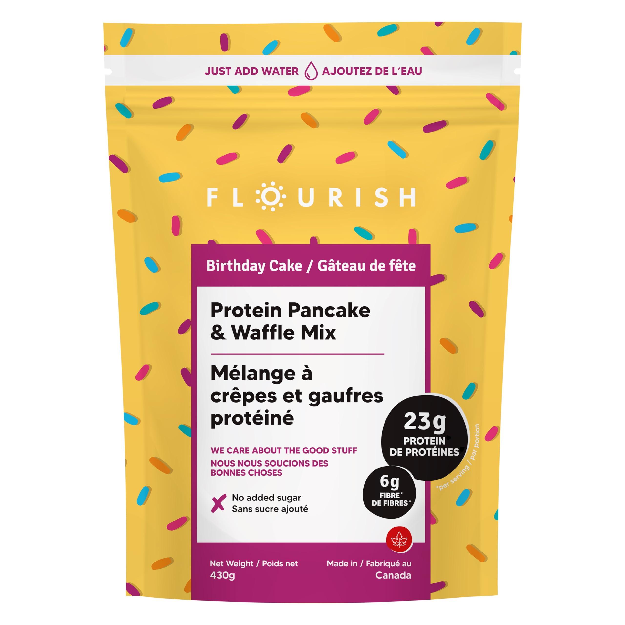 Flourish Flourish - Protein Pancake & Waffle Mix, Whey Protein Isolate & Flax Seed, Non-GMO, No Added Sugar, Superfood, High Protein & Fiber, Just Add Water - Birthday Cake, 16oz