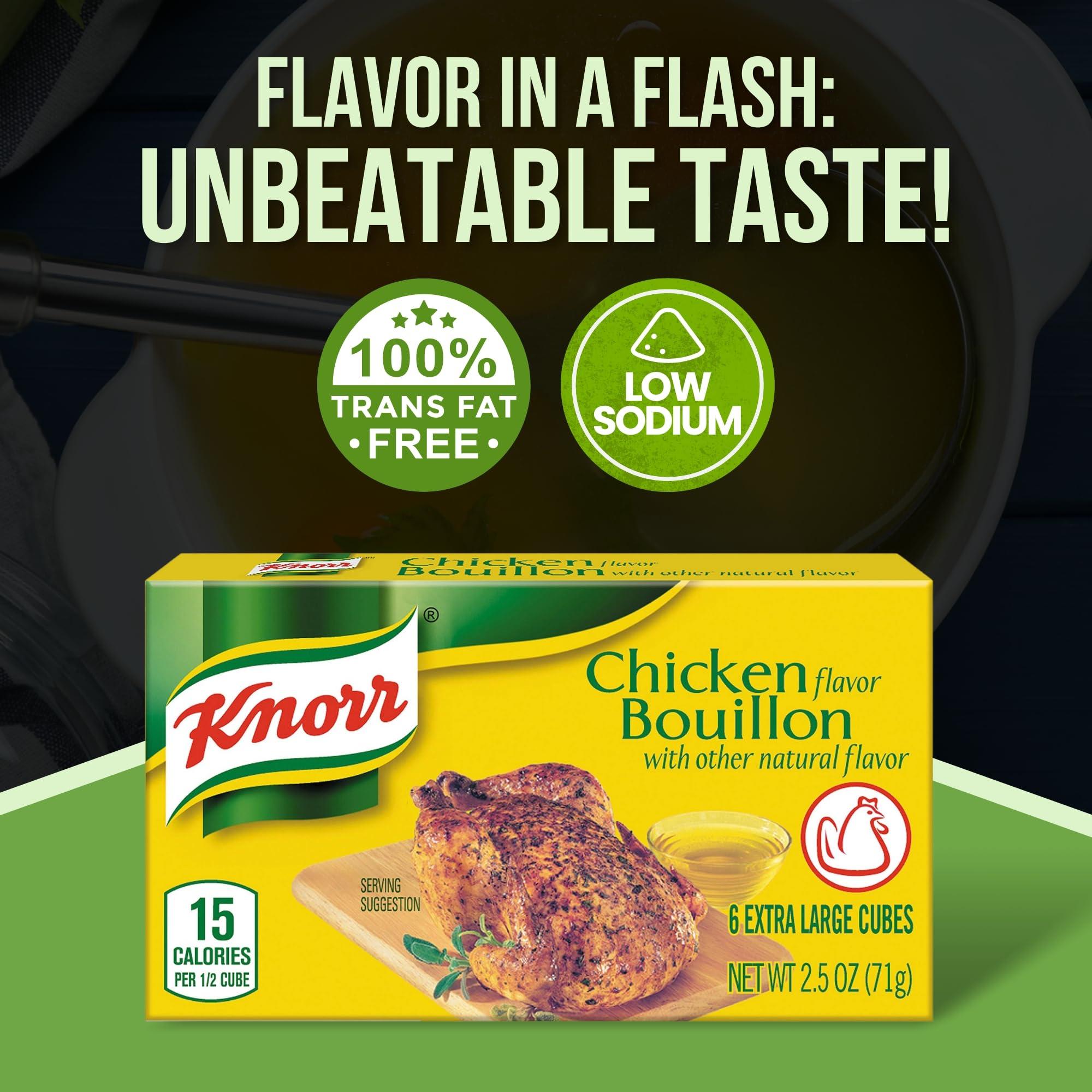 GOOD FOR MY HOME Chicken Bouillon Cubes Bundle. Includes One-2.5 Oz Box of Knorr Chicken Bouillon Cubes in a Good For My Home Box. 6 Extra Large Chicken Bouillon Cubes in a Box! Bouillon Cube is Only 30 Calories!