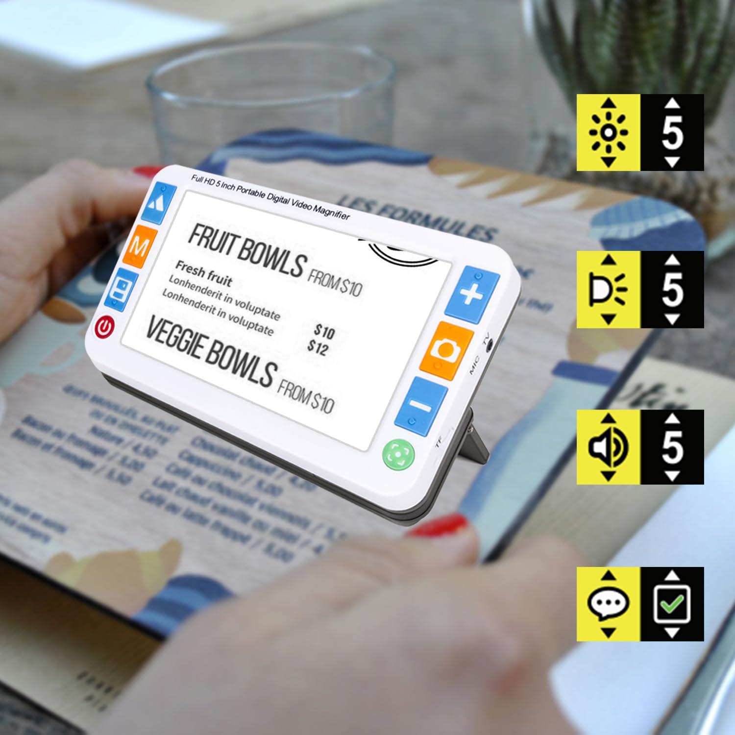 RayHong Portable Digital Video Magnifier Electronic Reading Aid 5.0 Inch with Foldable Handle for The Visually Impaired Macular Degeneration Low Vision, 2X-32X Times Zoom 26 Color Modes