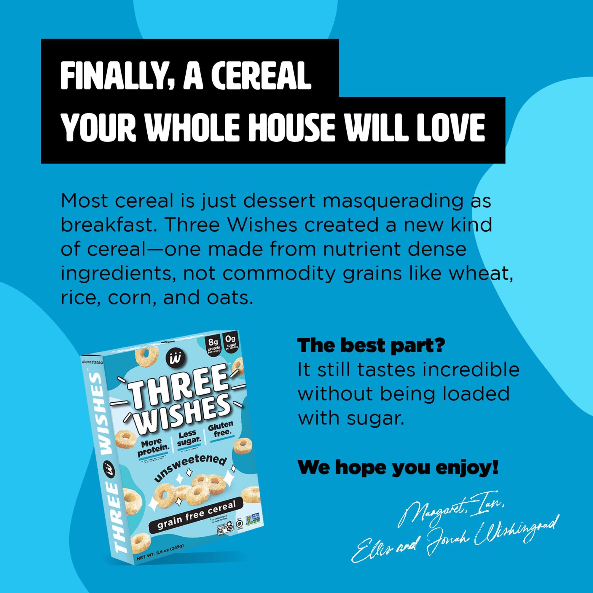Three Wishes Plant-Based and Vegan Breakfast Cereal by Three Wishes - Unsweetened, 1 Pack - More Protein and Less Sugar Snack - Gluten-Free, Grain-Free - Non-GMO