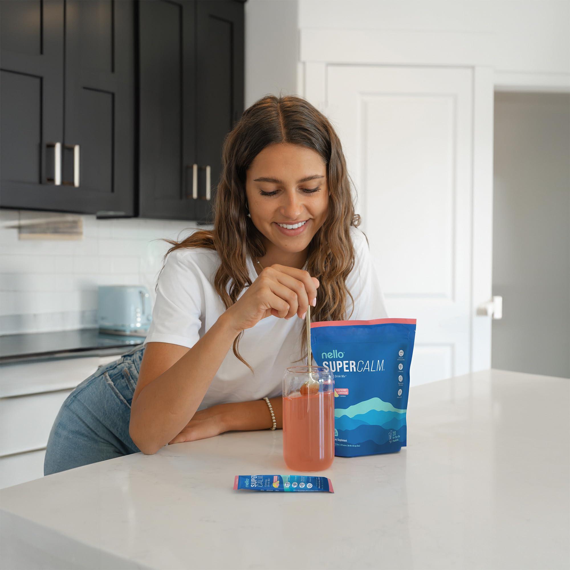 Nello Nello Supercalm Powdered Drink Mix, Raspberry Lemonade, L Theanine, Ksm-66 Ashwagandha, Magnesium Glycinate, Vitamin D 3, Supplements for Relaxation & Focus, No Sugar, Non GMO, Vegan, On The Go, 20 Ct