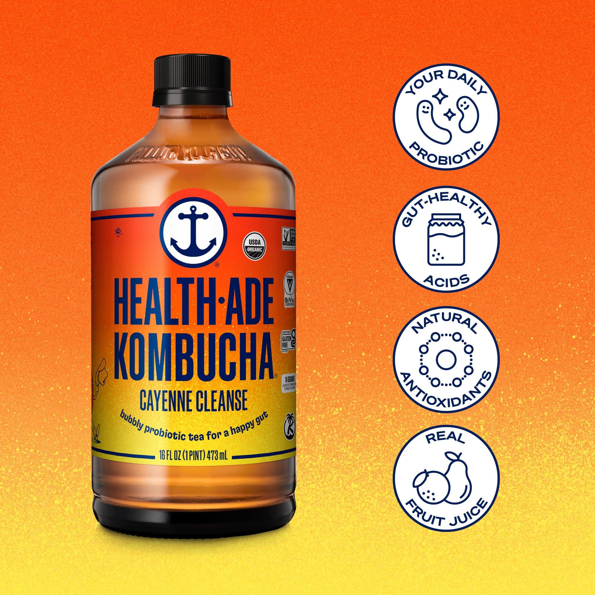 Health-Ade Health-Ade Kombucha Tea Organic Drink, Fermented Tea with Living Probiotics, Detoxifying Acids, Supports Gut Health, Non-GMO, Vegan, Gluten Free, 12 Pack (16 Fl Oz Bottles), Cayenne Cleanse