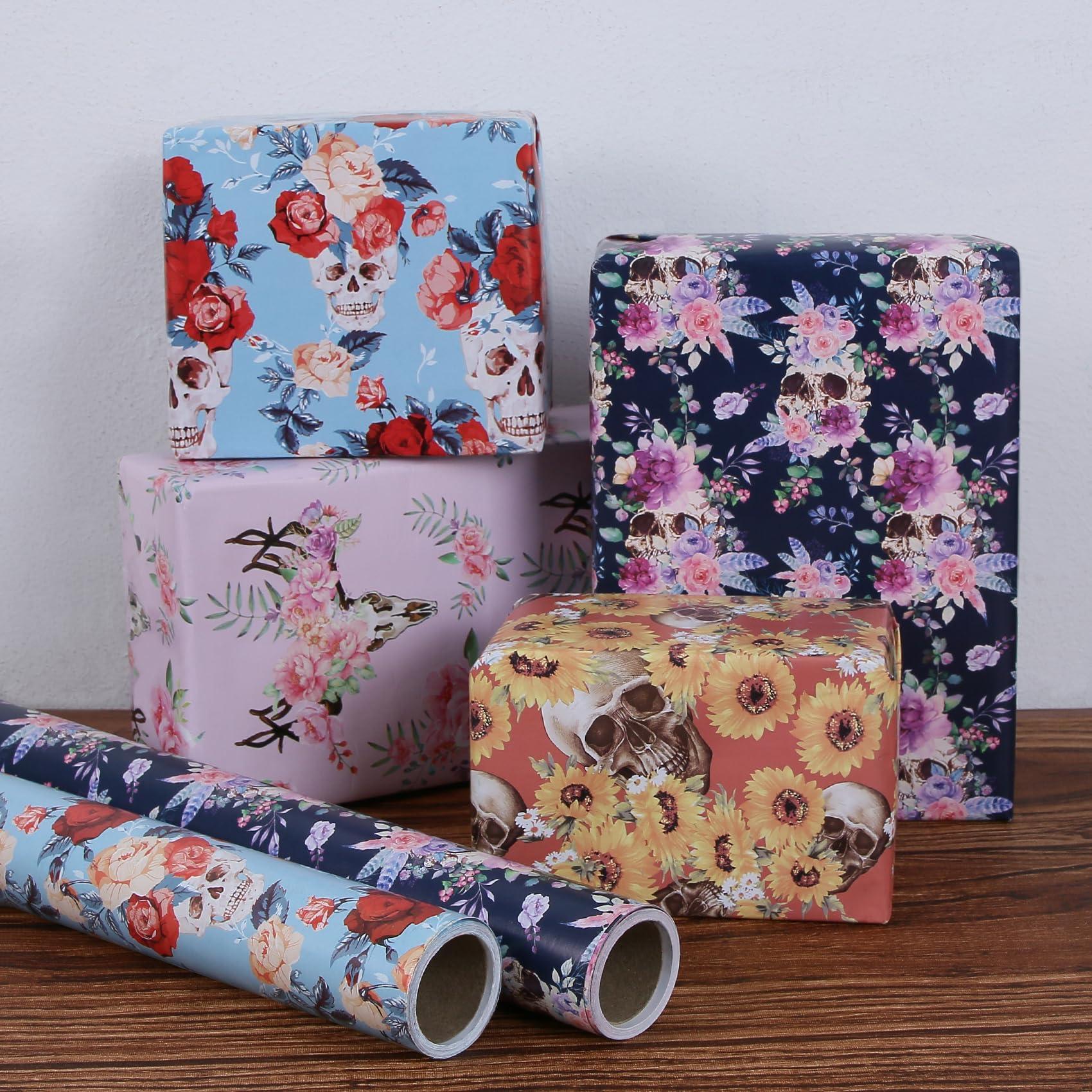 Aimyoo Aimyoo Blue Skull Floral Wrapping Paper Roll 17 in x10ft, Horror Gothic Gift Wrap Paper for Halloween Wedding Bridal Shower