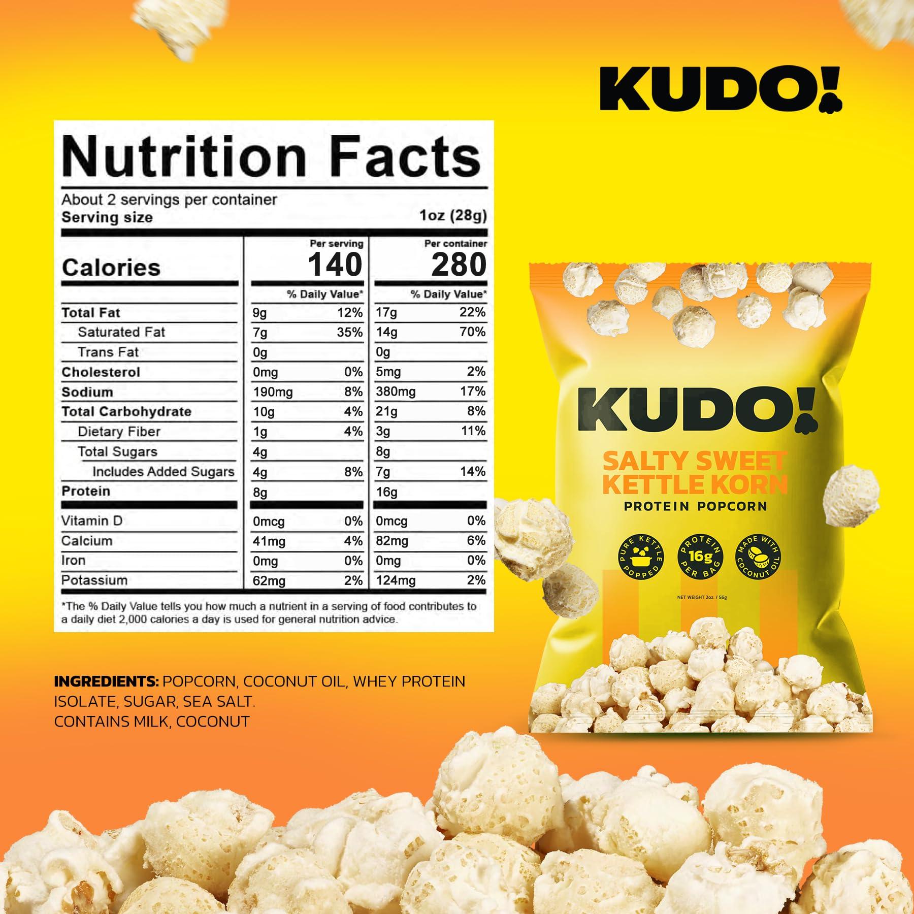 KUDO KUDO Protein Popcorn, Salty Sweet | 10g of Protein Per Bag | 100% Whole Grain & Non-GMO Healthy Snacks | Keto Friendly & Gluten Free Kettle Popcorn, 2 oz. Bag (2 Pack)